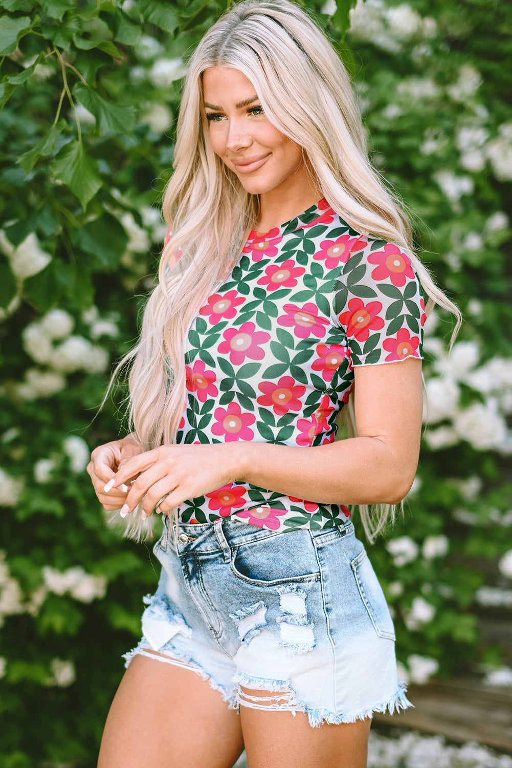 Women's T Shirt with Print Crew Neck Retro Floral-Print