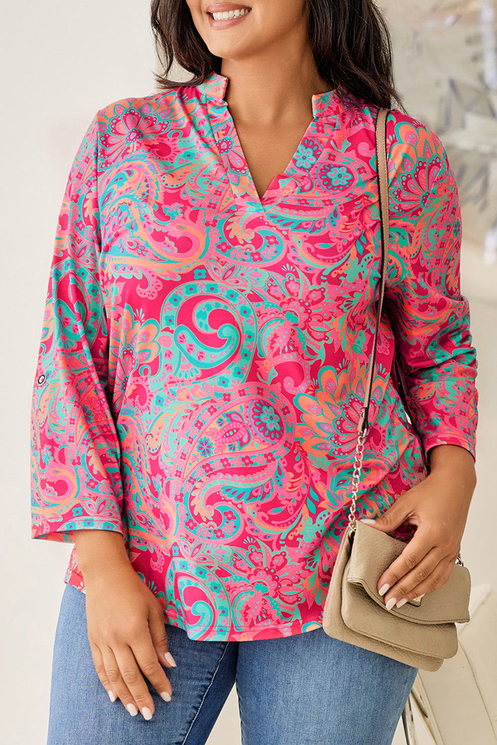 Women's Plus Size Paisley Print V Neck Roll Tab Sleeve Blouse