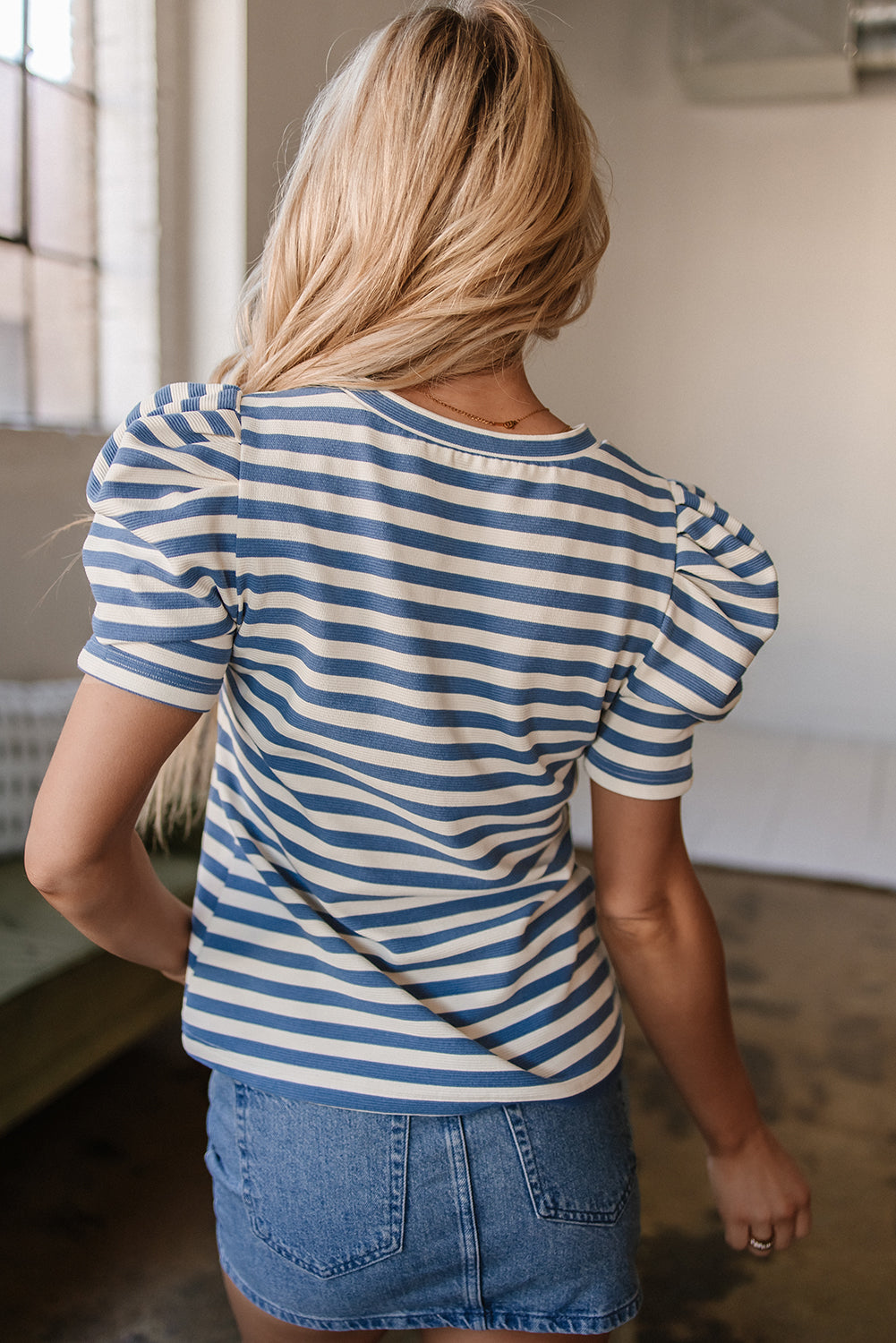 Blue Stripe America Cursive Graphic T-shirt