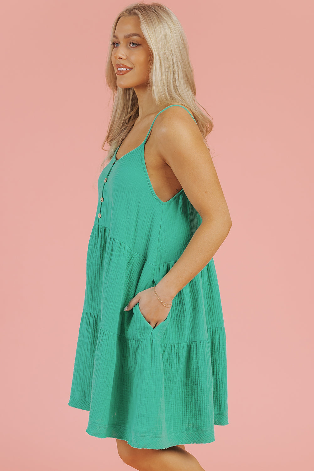 Textured Buttoned Thin Strap Tiered Loose Fit Mini Dress