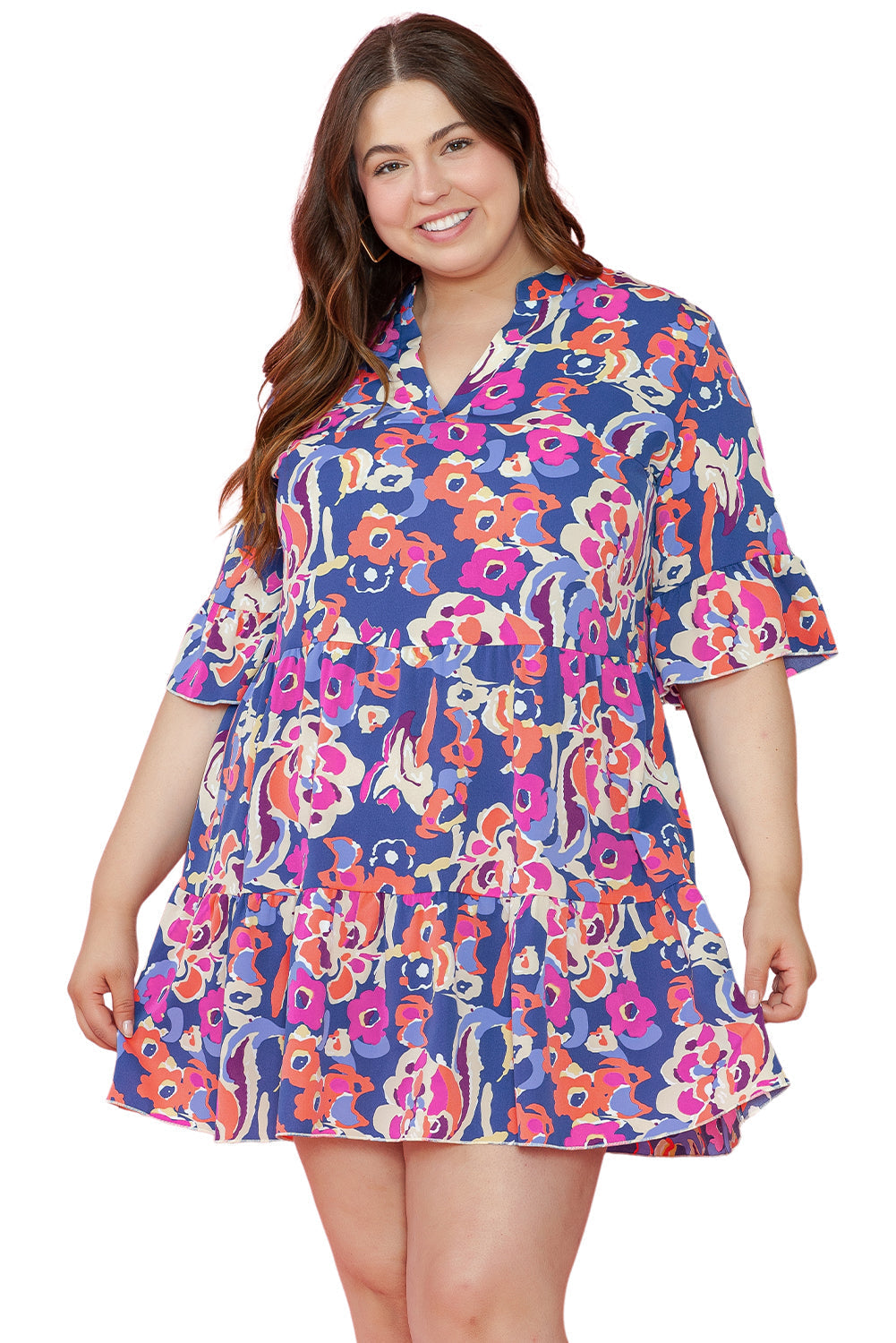 Women's Mini Dress with Ruffle-Trimmed Three-Quarter Sleeve Plus Size Floral-Print Print
