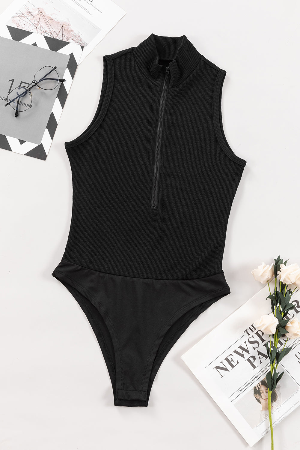 Women's Bodysuit with Rib-Knitted Zip up Mock Neck