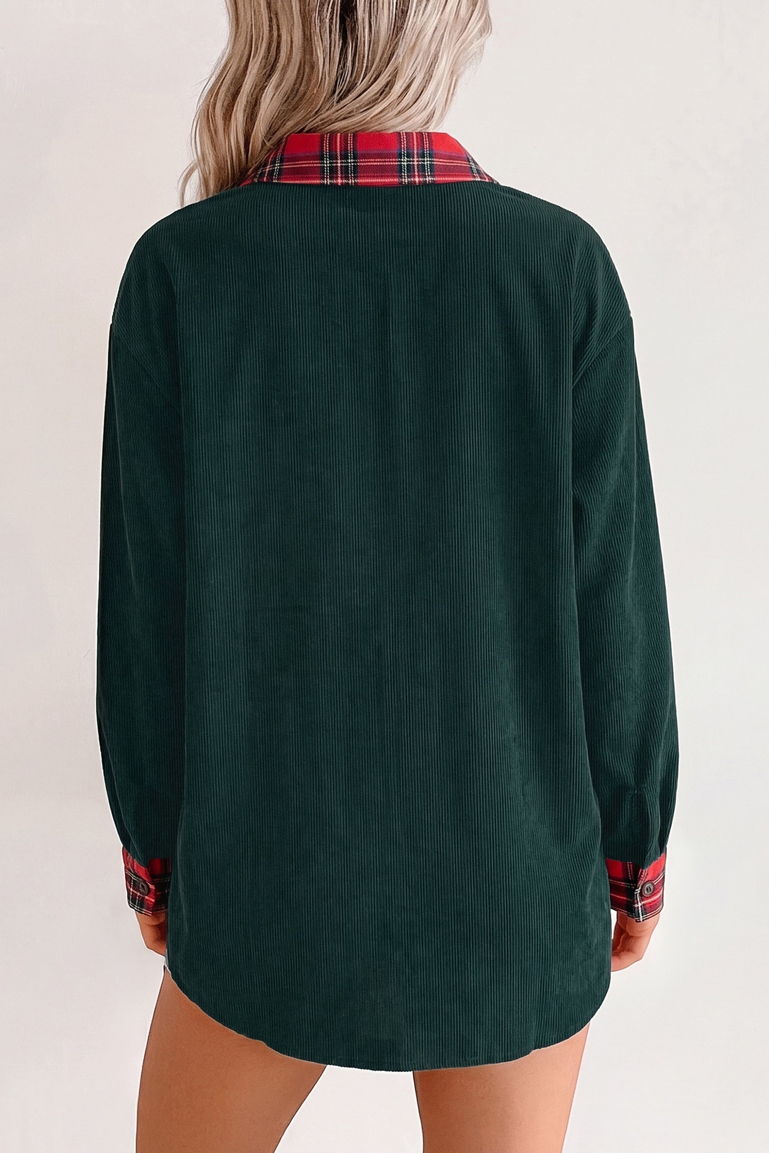 Button Plaid Pocket Long-Sleeved Shift Shacket in Blackish Green