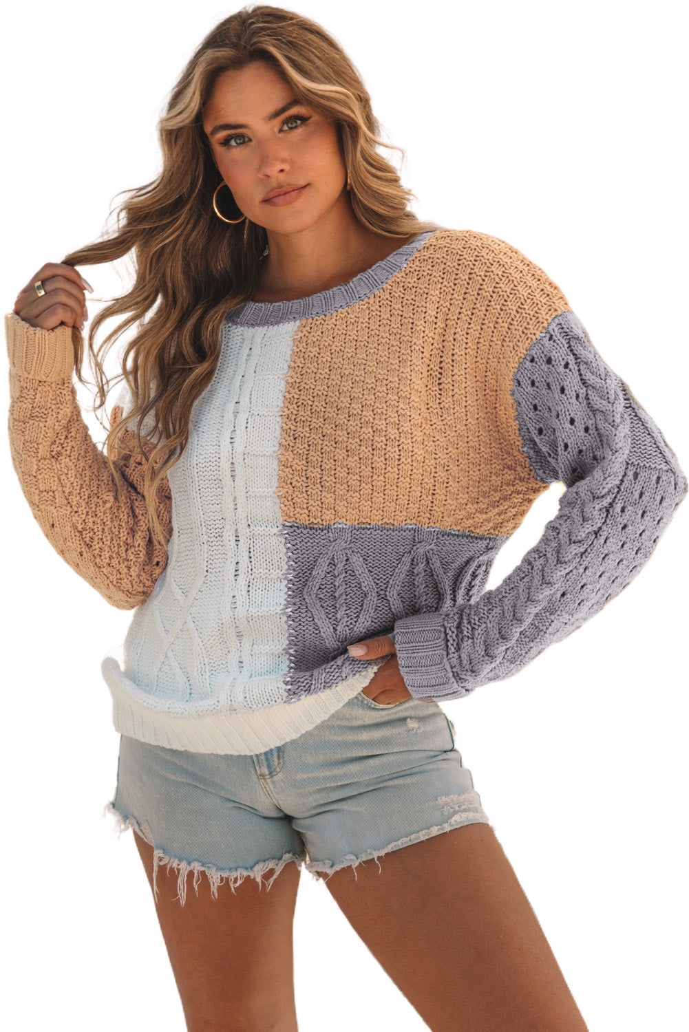 Women's Sweater with Mixed Textured Color-Block