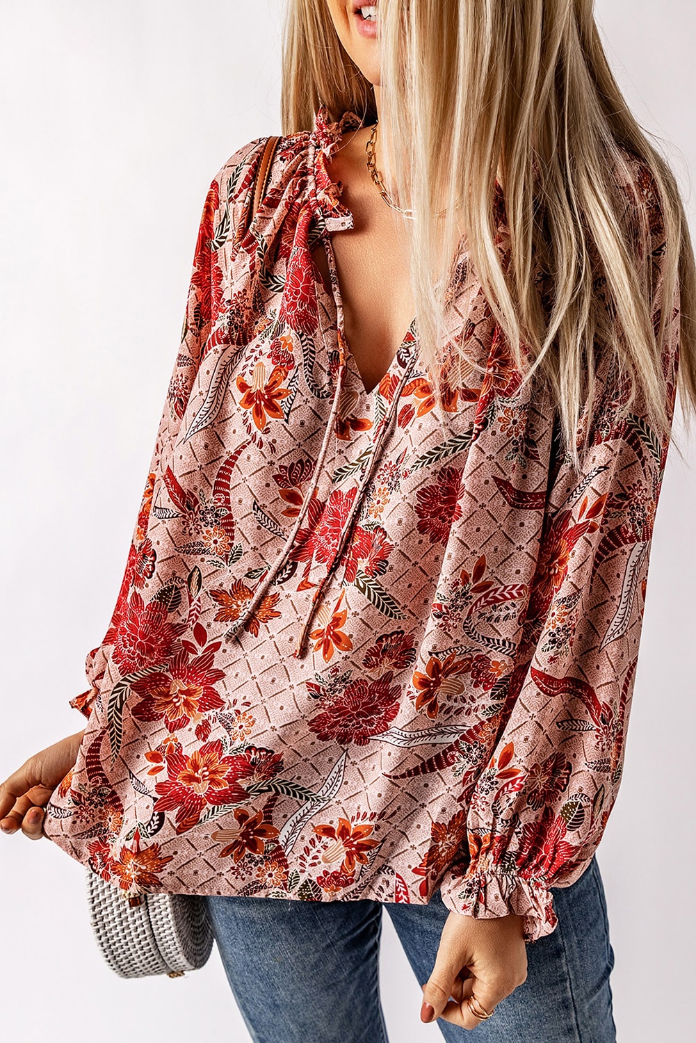 Women's Split V Neck Printed Blouse