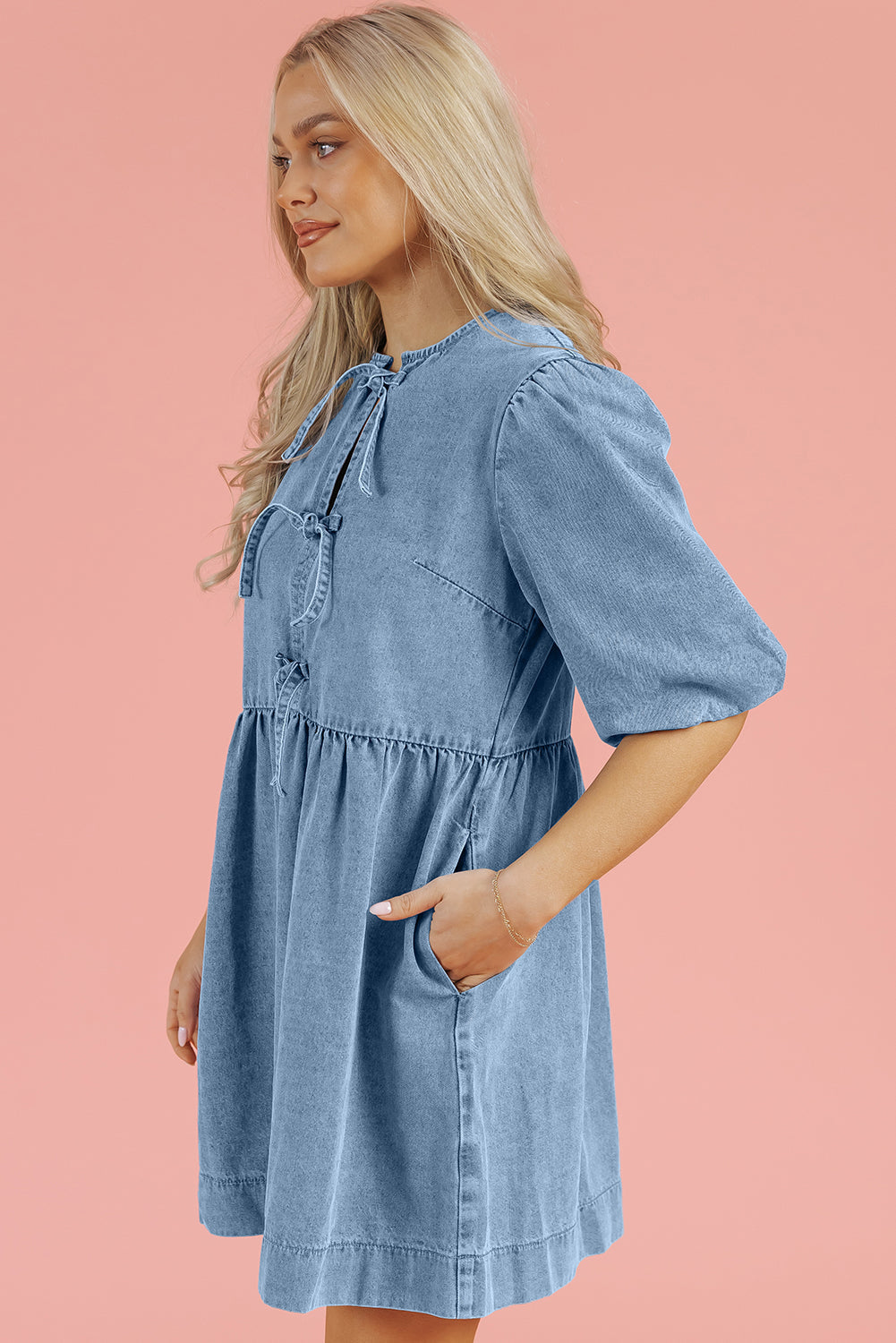 Bowknot Bubble Sleeve Short-Length Denim Dress