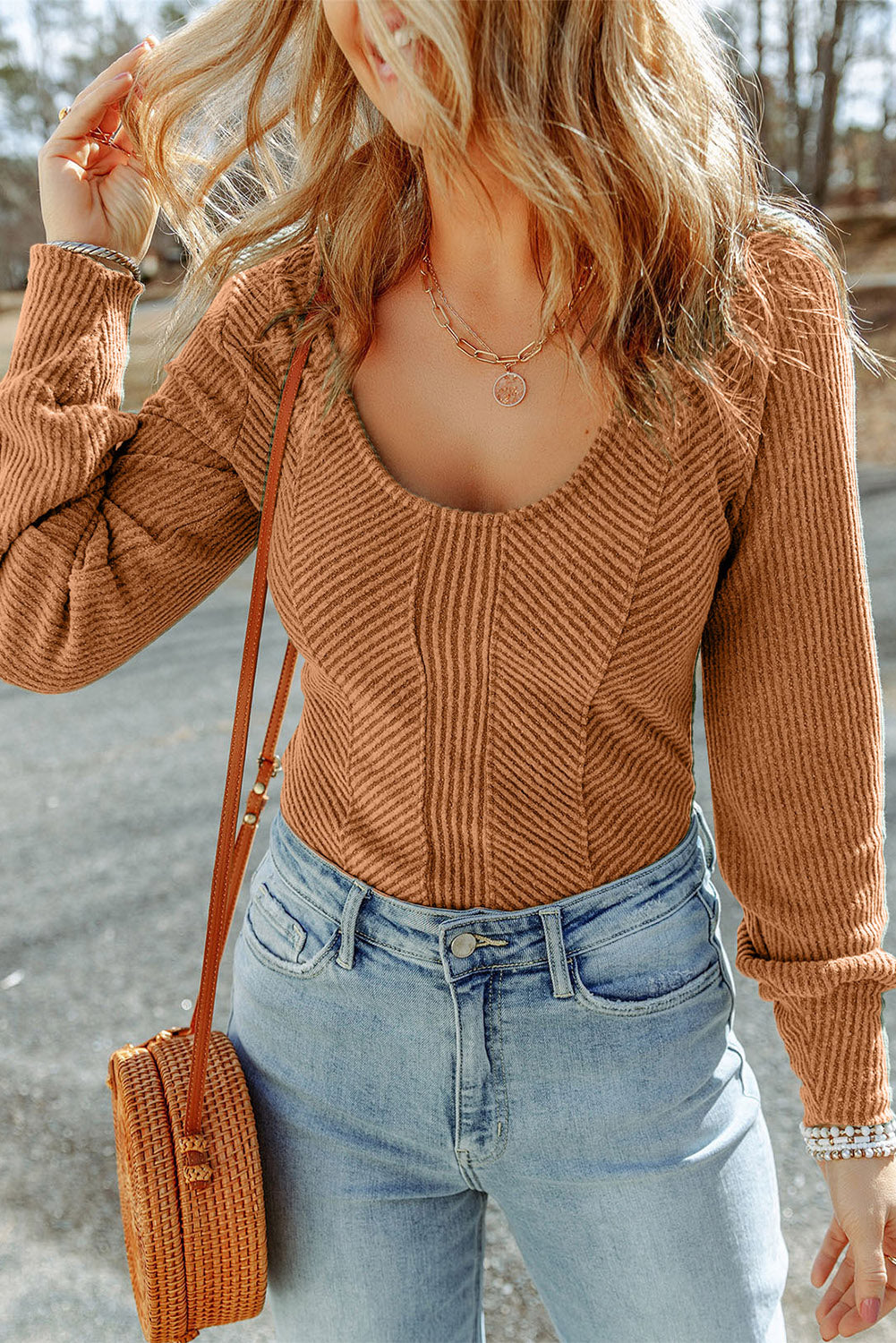 Women's Top Featuring U Neck Textured Long-Sleeve