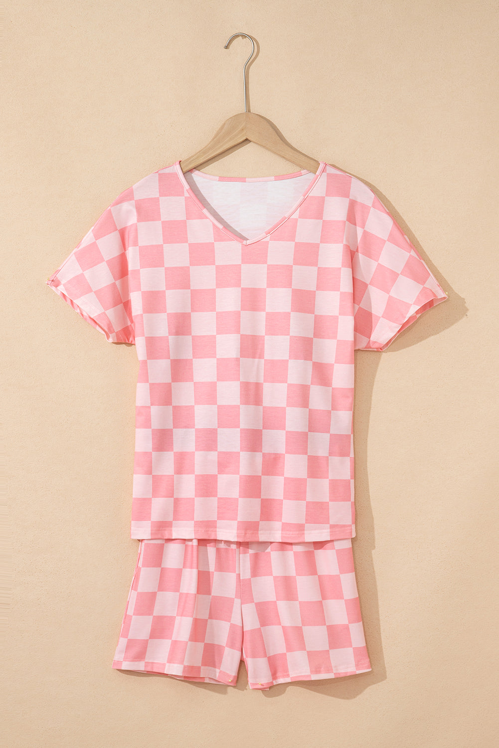 Tee Checkered V-Neck Drawcord Shorts Lounge Set