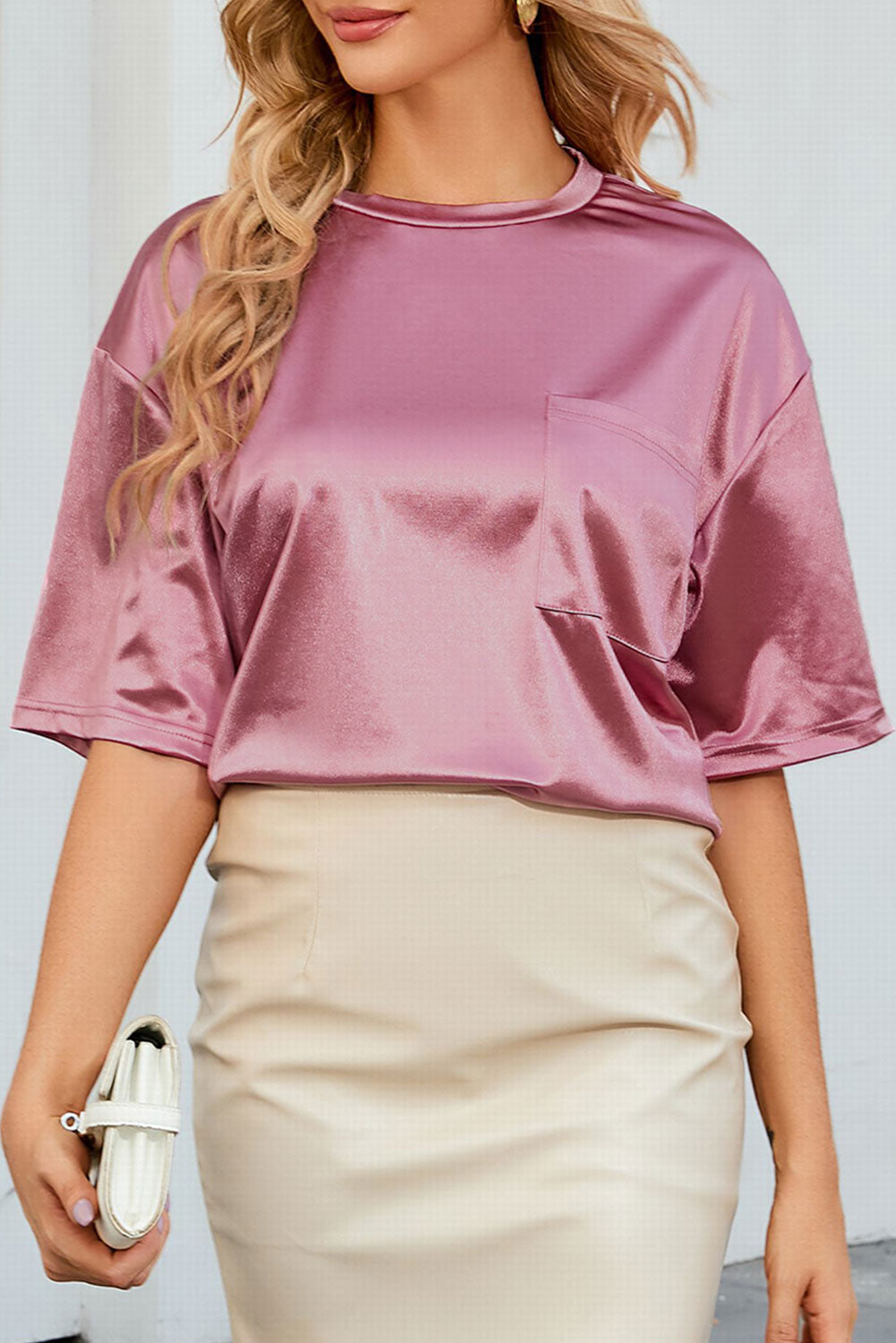 Women's T Shirt with Pink Chest Pocket Relaxed Fit
