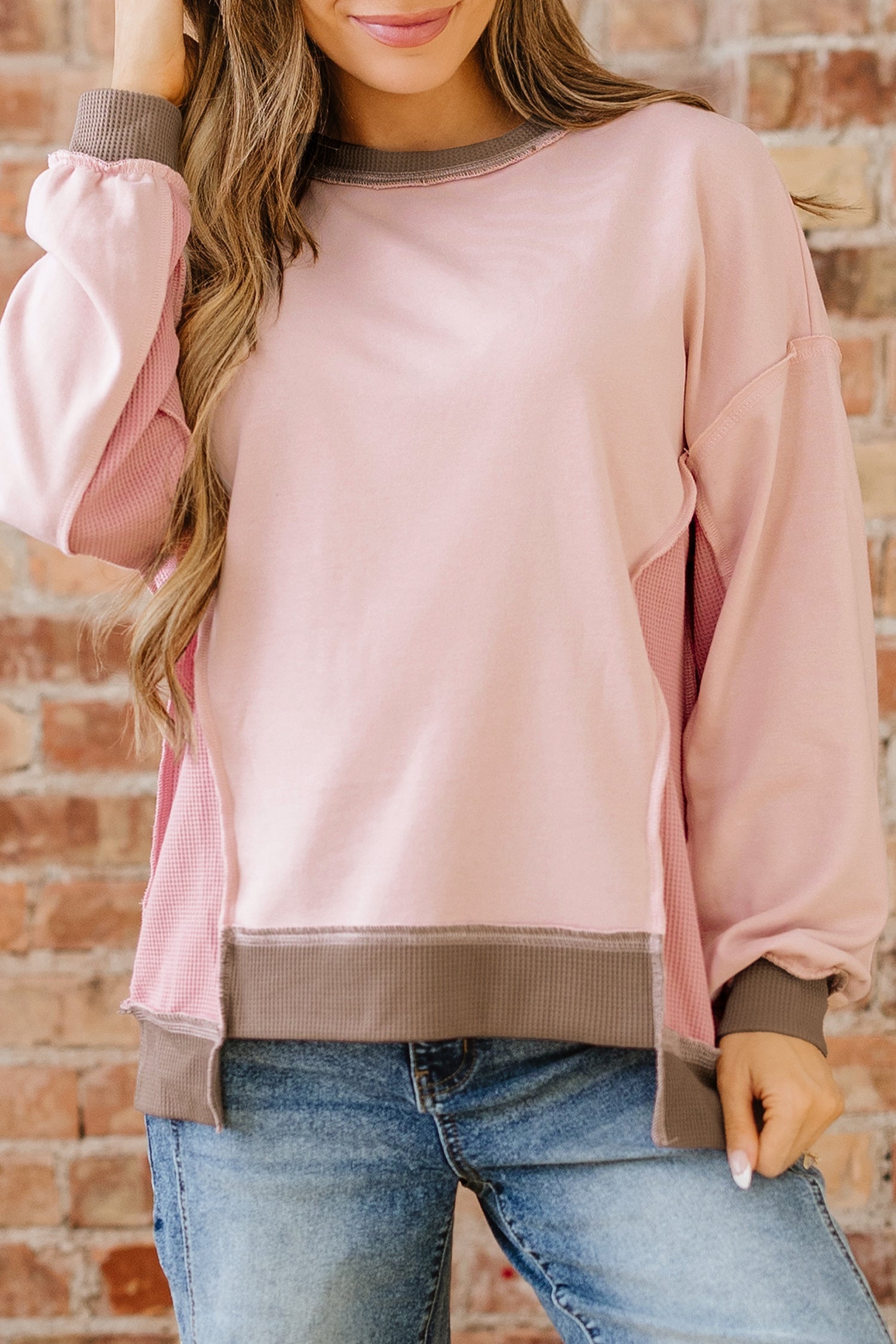 Colorblock Waffle Mix Texture Patchwork Oversize Sweatshirt