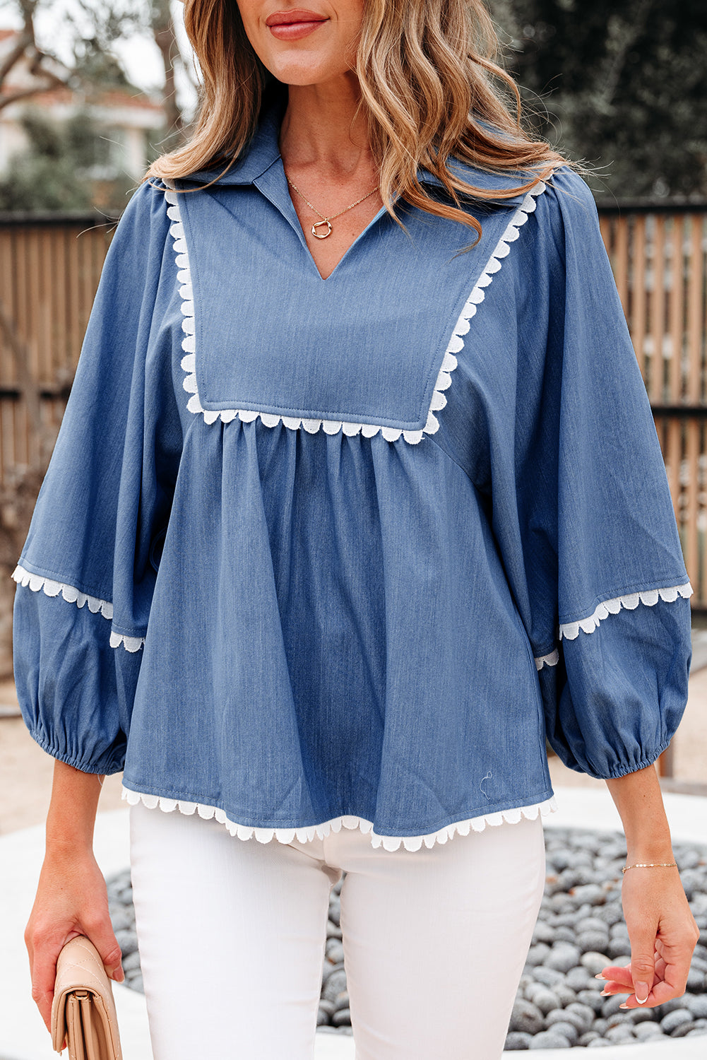 Ric Rac Lace Rac 3/4 Puff Sleeve Collared Babydoll Blouse