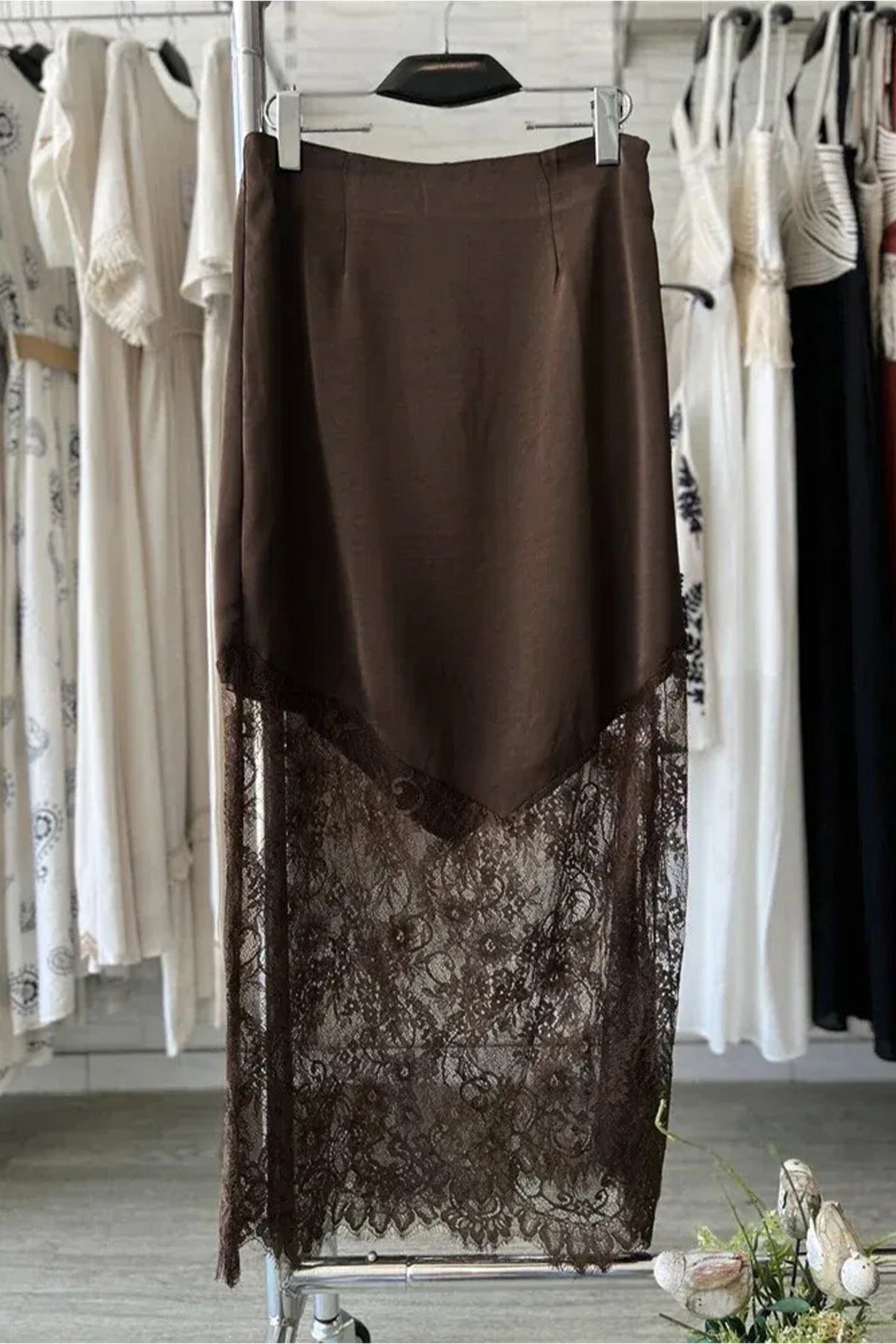 Everyday Lace Dark Brown Patchwork Hem Shift Long Skirt