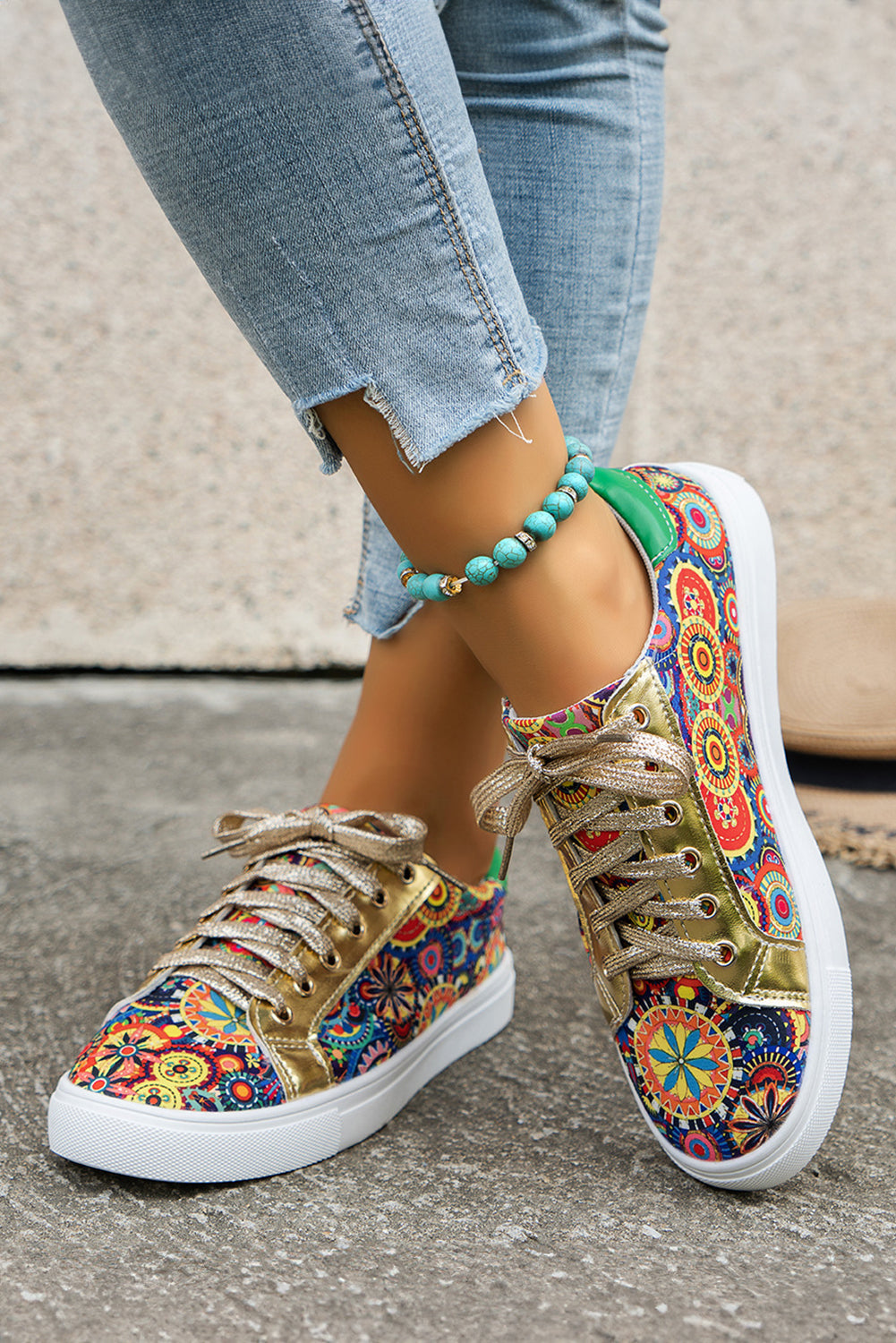 Floral Lace-up Sleek Patchwork Flat Shoes