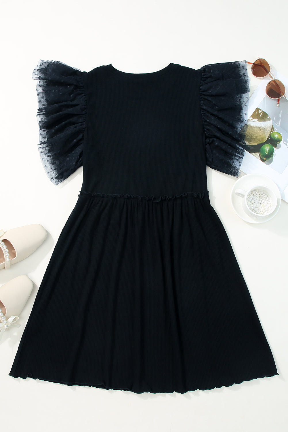 Rib-Knit Dotty Mesh Knit Babydoll Mini Dress in Black