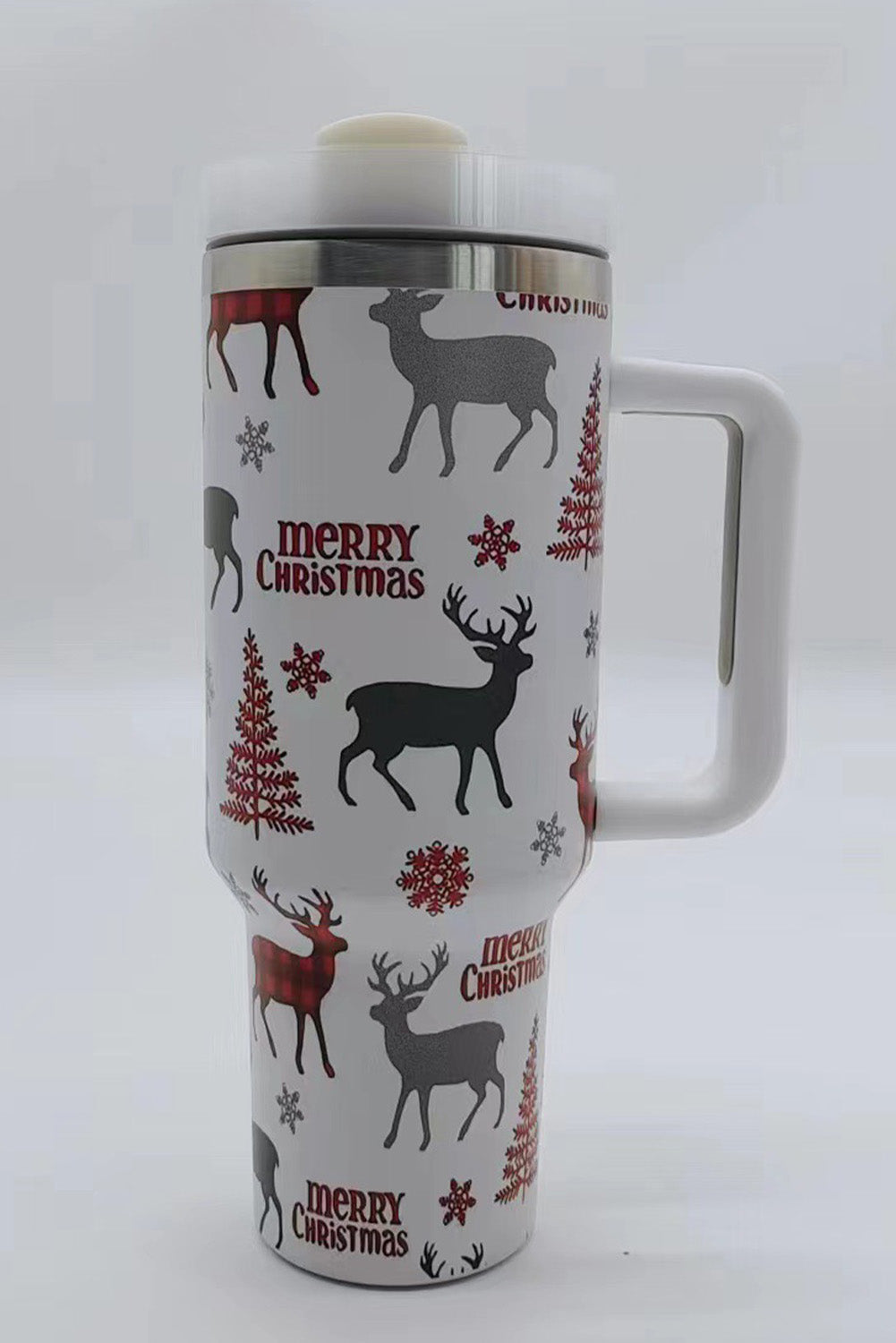 Merry Christmas Tree Snowflake Elk Print Handle Tumbler