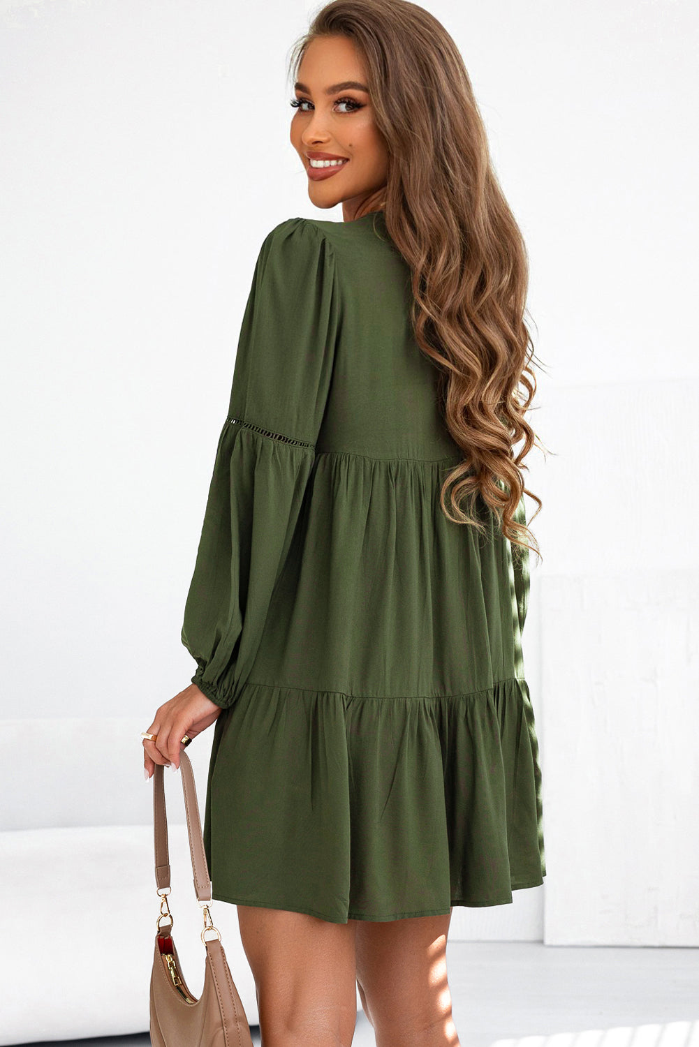 Women's Mini Dress with Layered Ruffle-Trimmed Lace-Trimmed Balloon Sleeve
