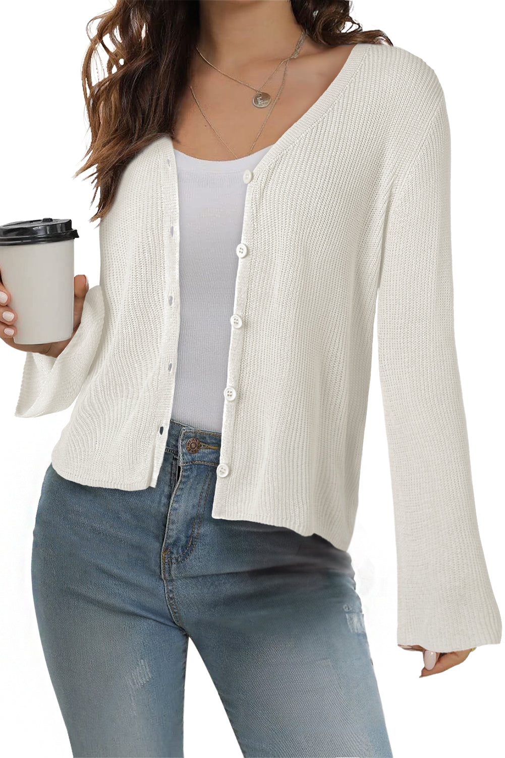 Button Lightweight V-Neck Front Bell Sleeve Cardigan Knit Top