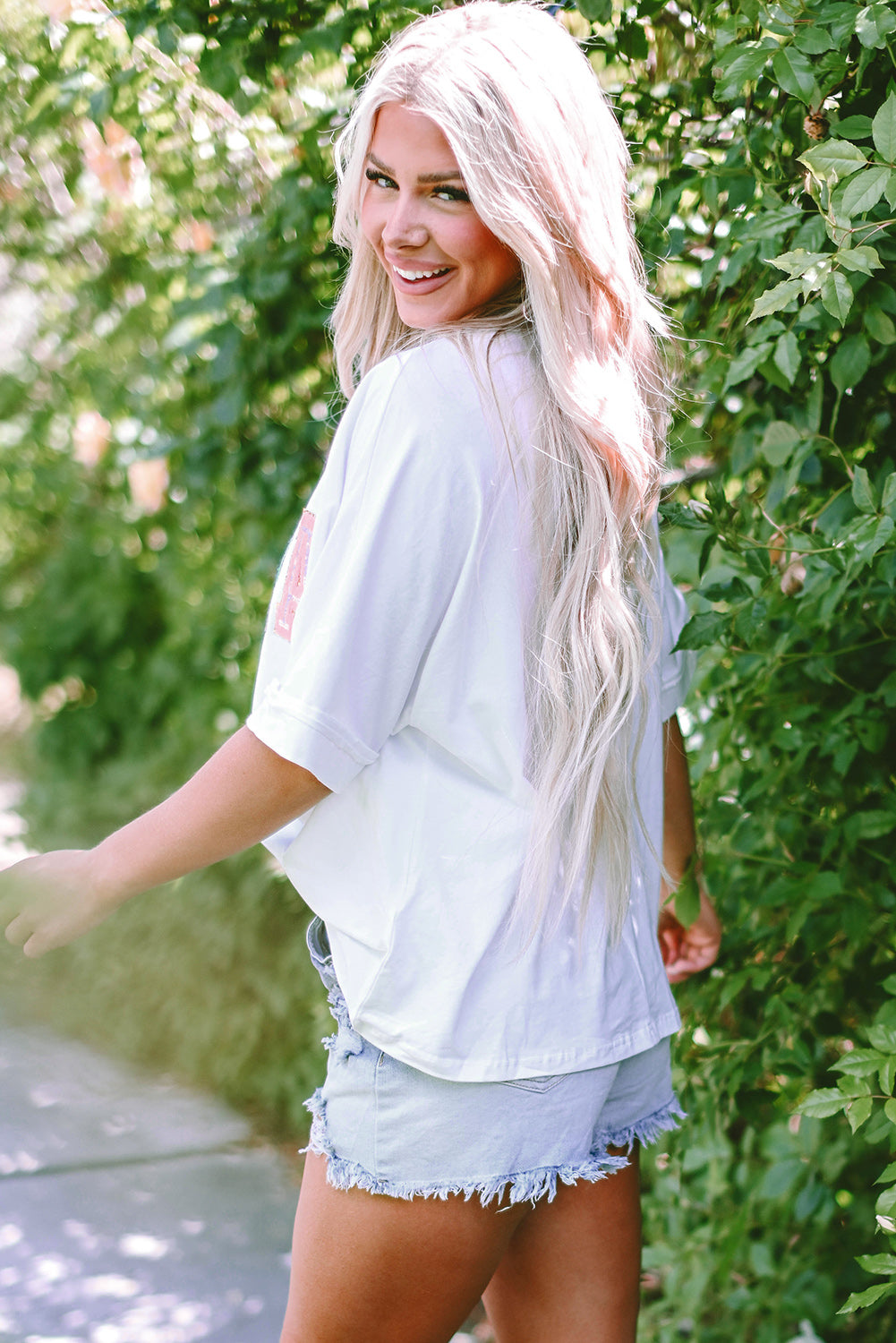 Women's Chenille Patched Crew Neck T Shirt