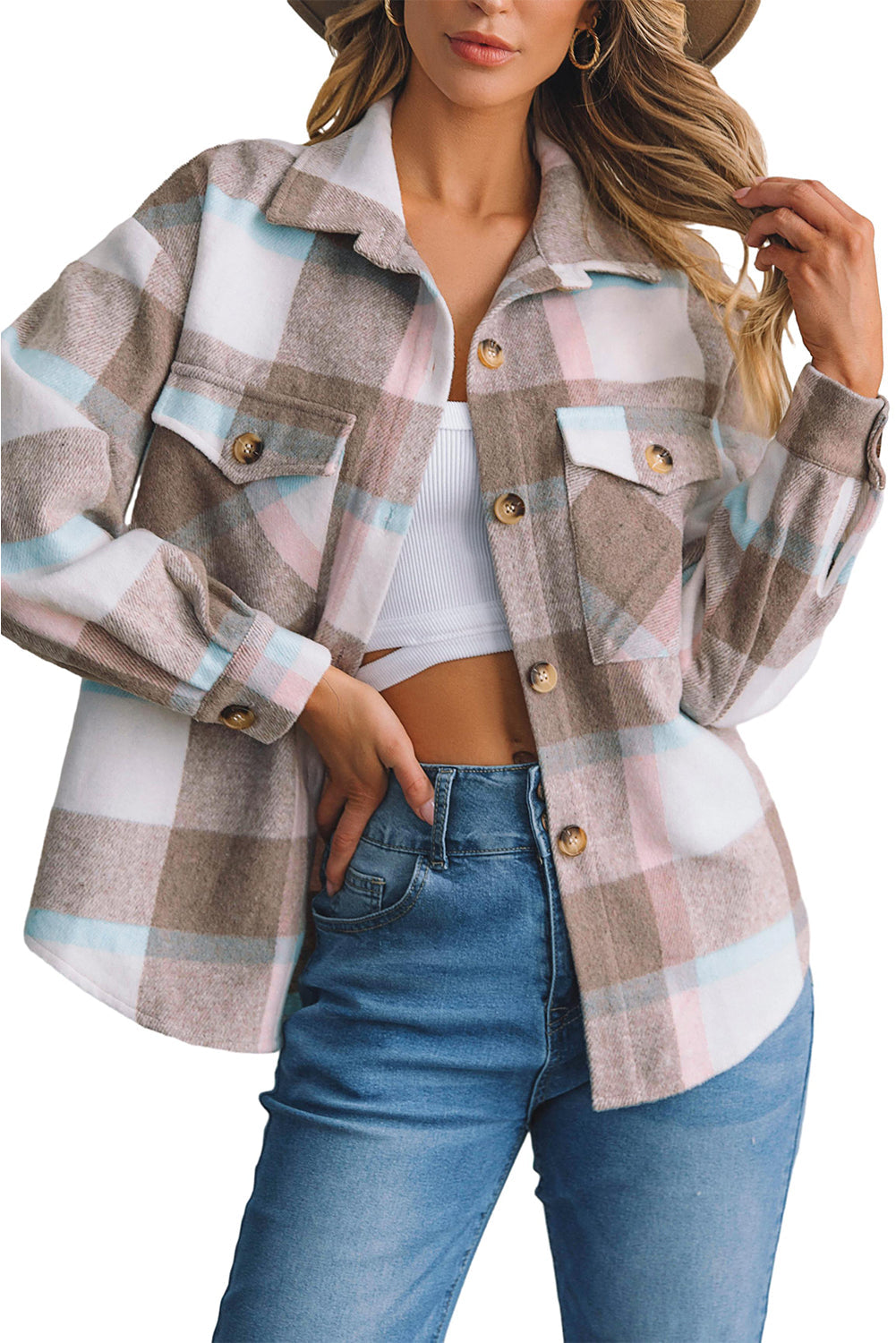 Women's Shacket Featuring Button Plaid Amber