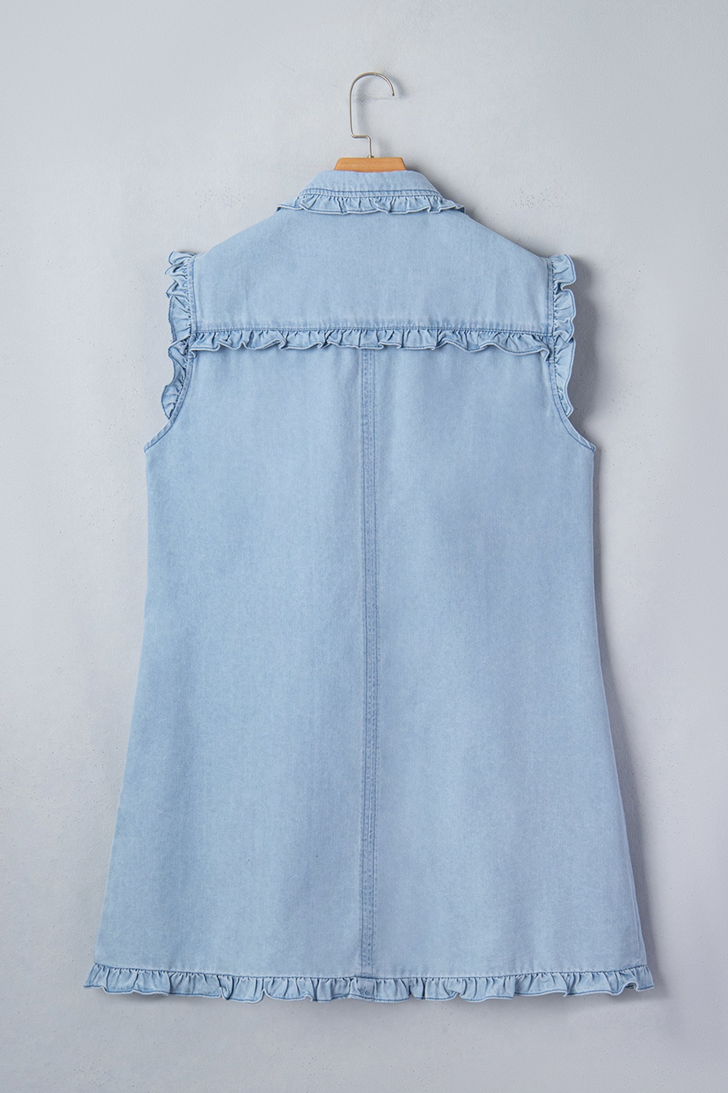 Polished Beau Blue Ruffled Edge Collared Shift Denim Dress Featuring Pockets