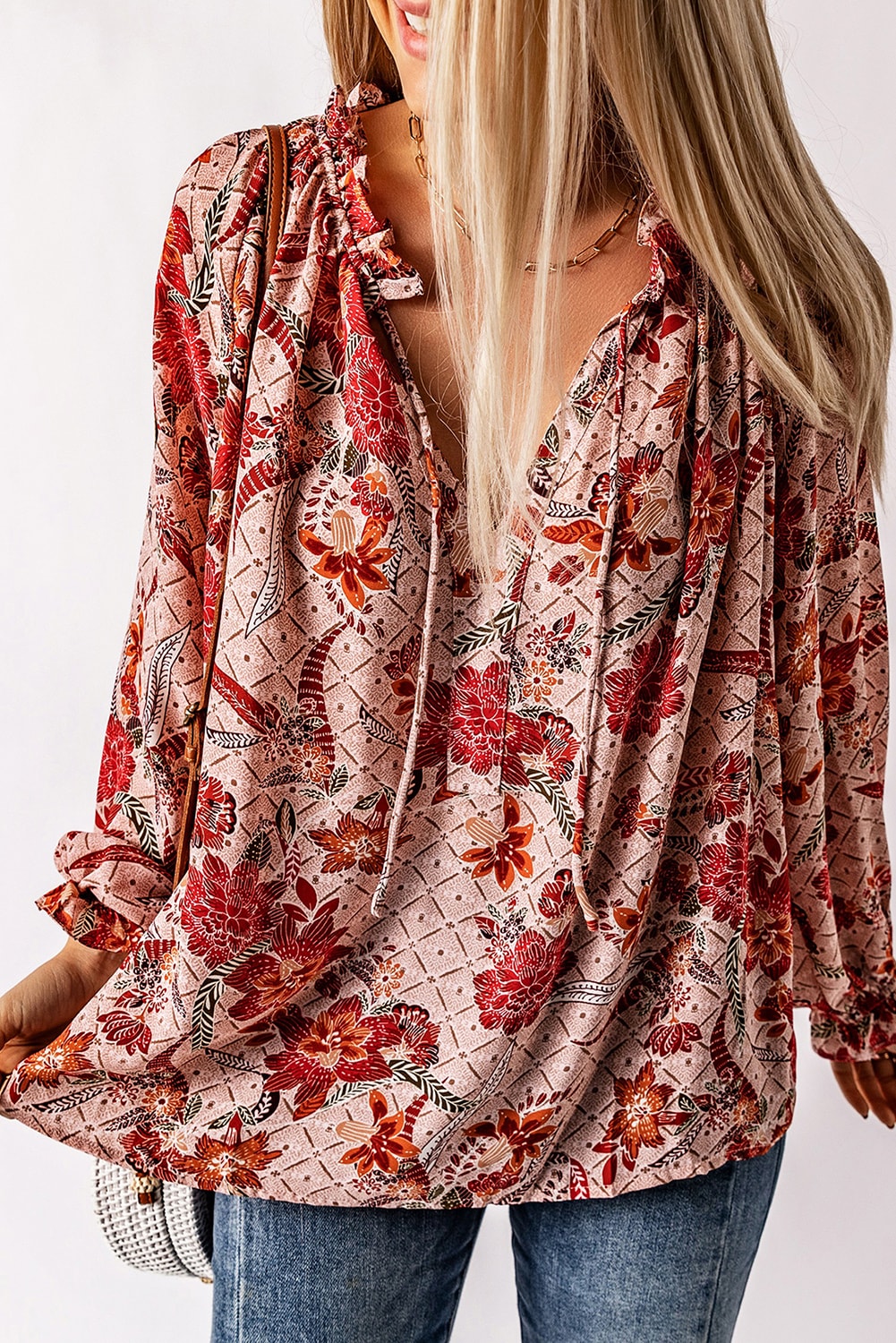 Women's Split V Neck Printed Blouse