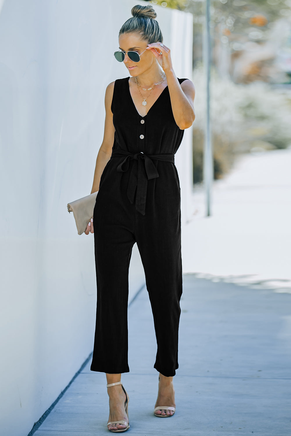 Women's Jumpsuit Featuring V Neck Belted