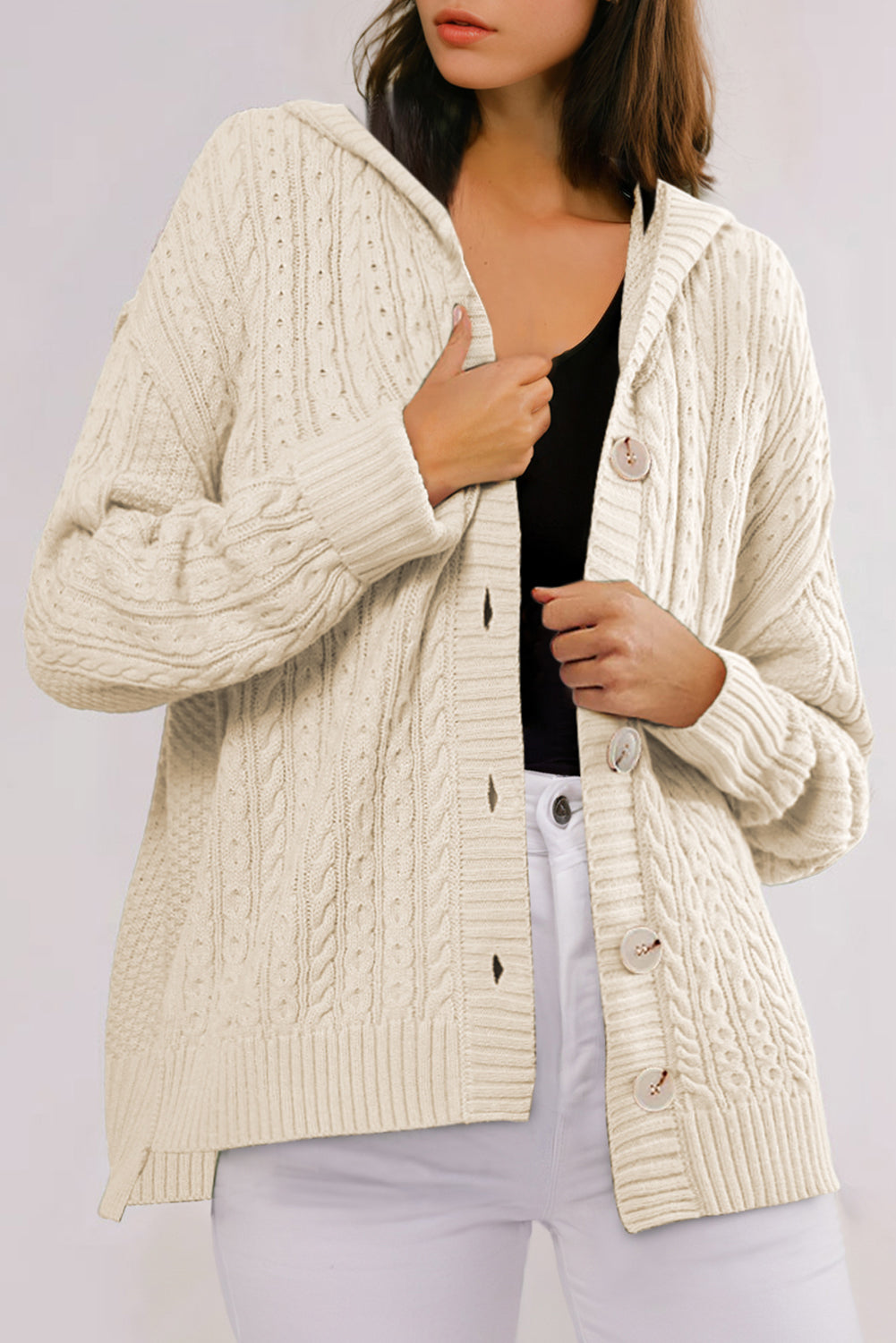 Cable Uneven Knit Texture Hem Hooded Polished Cardigan