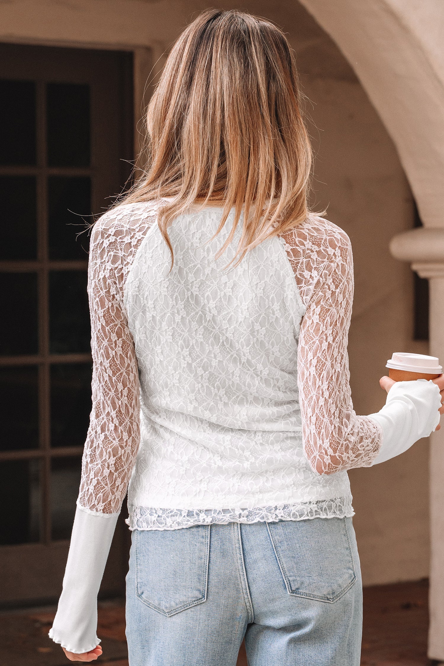 Lace Long-Sleeved Sheer Long-Sleeved Slim Henley Top