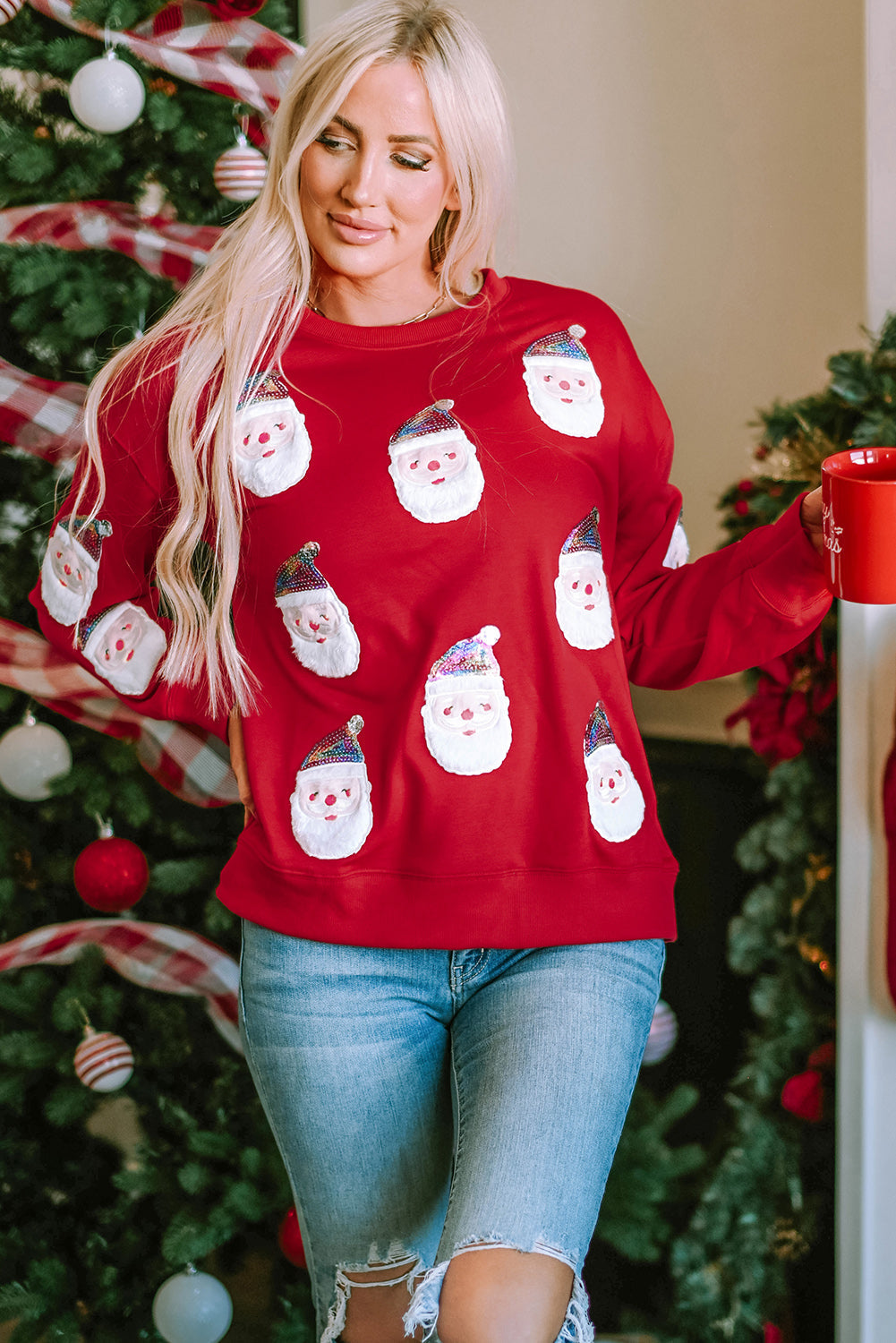Graphic Sweatshirt for Women Fiery Red Sequined Clause
