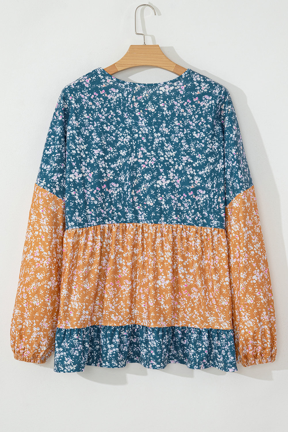 Floral Color Block Patchwork Ruffled Hem Round Neck Blouse