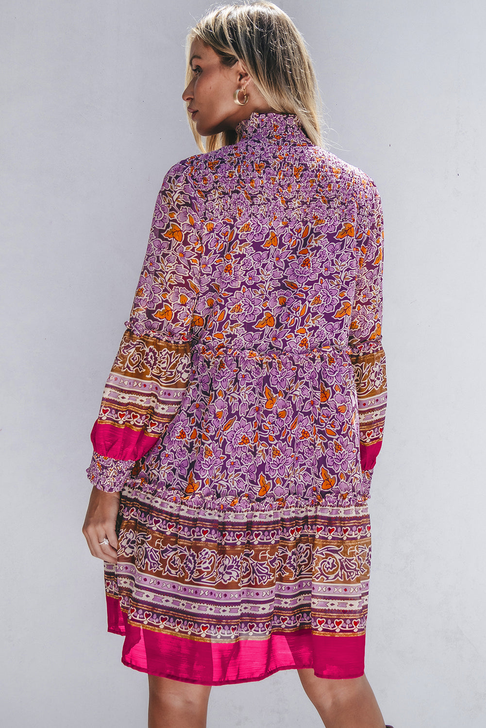 Women's Mini Dress with Mock Neck Shirred Balloon Sleeve