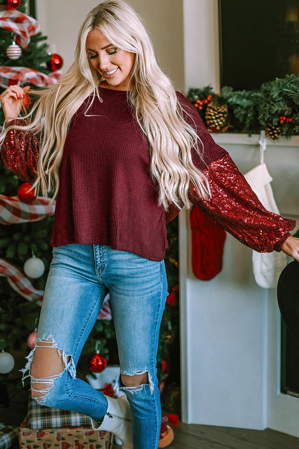 Knit Top for Women Waffle Sleeve Open-Back