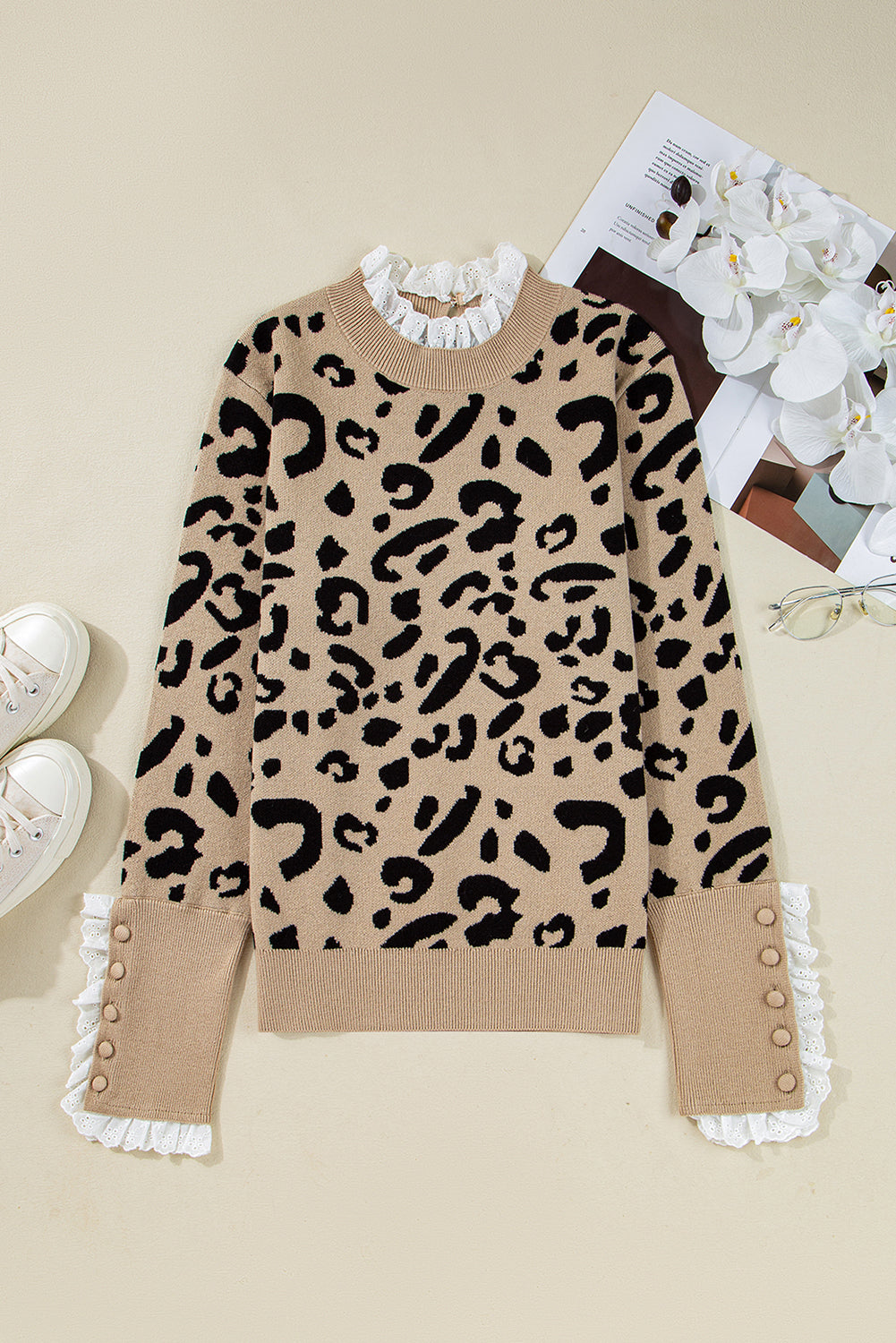 Pattern Lace Leopard Lace Rib-Knit Detail Button Cuffed Knit Top