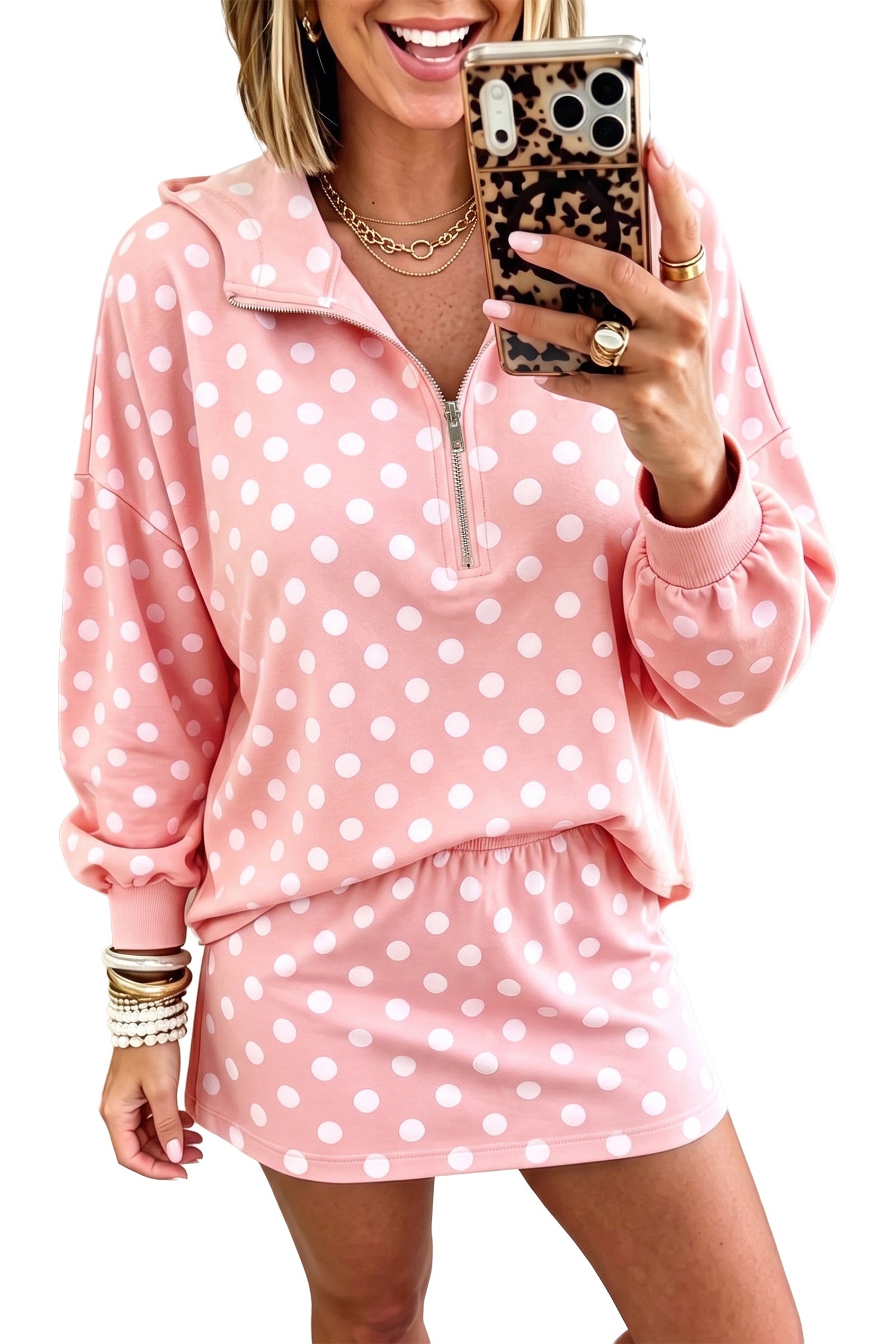Polka-Dot Hooded Long-Sleeved Top Everyday Mini Skort Set in Pink