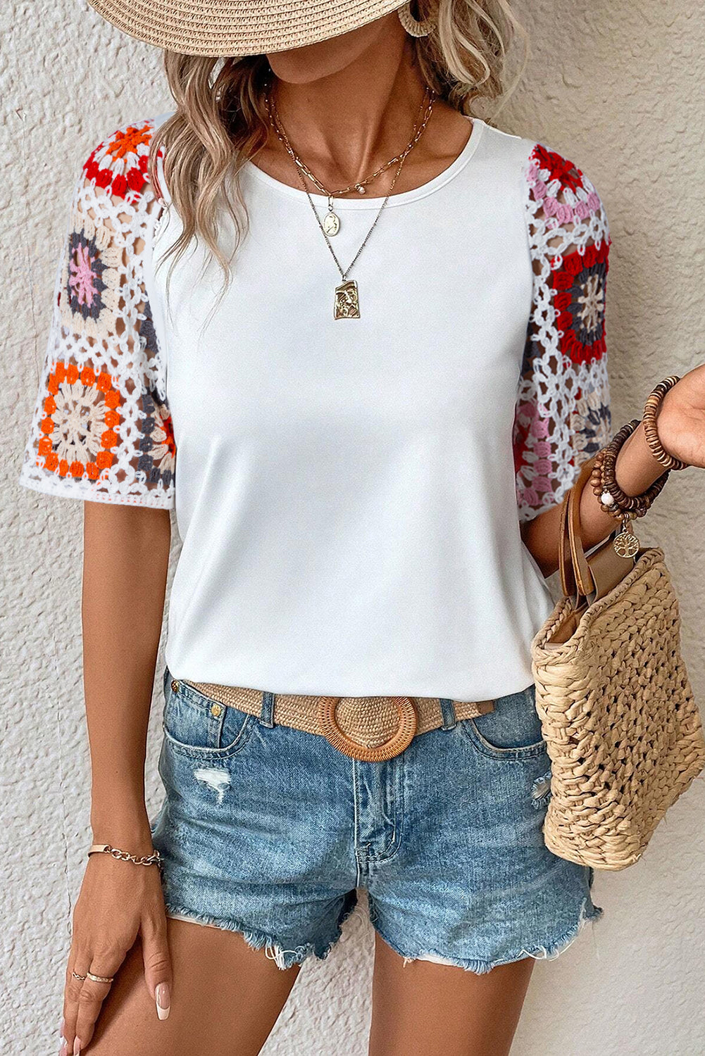 Women's Top with Crochet Short-Sleeve Floral-Print