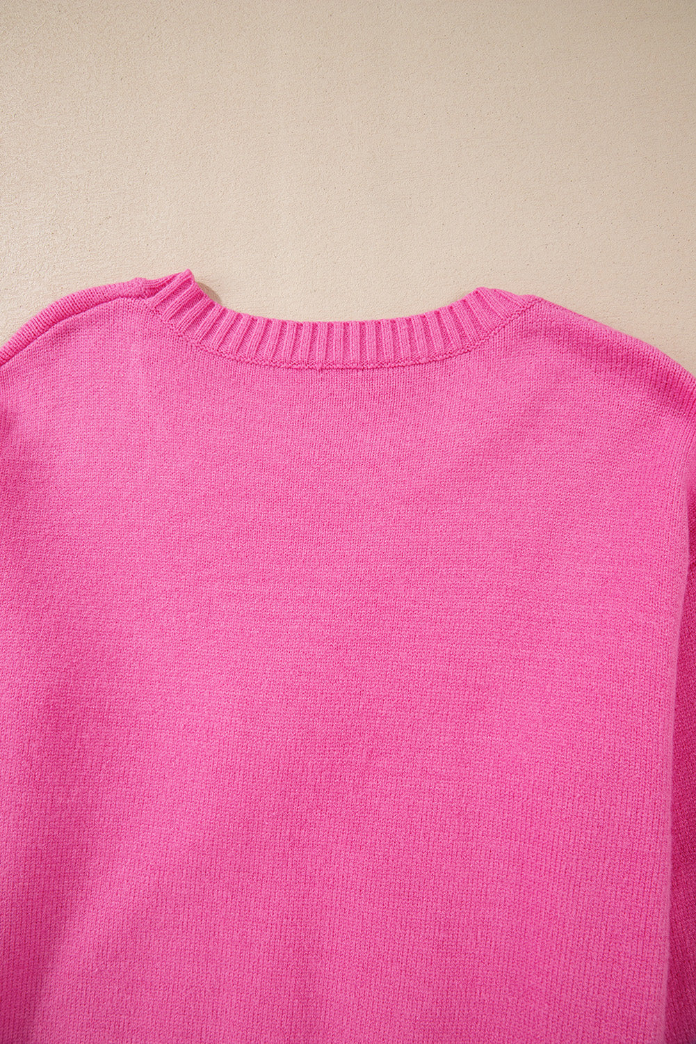 Cute Pink Corded Flower Bow Ribbed Trim Sweater