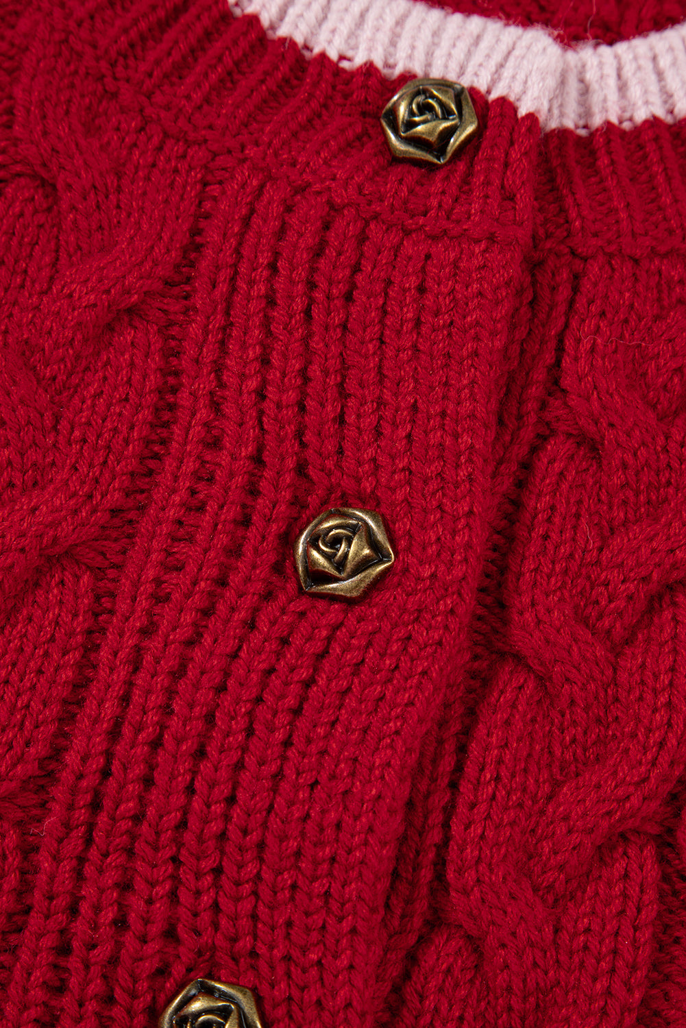 Color Contrast Edge Cable Knit Button-Front Cardigan in Red