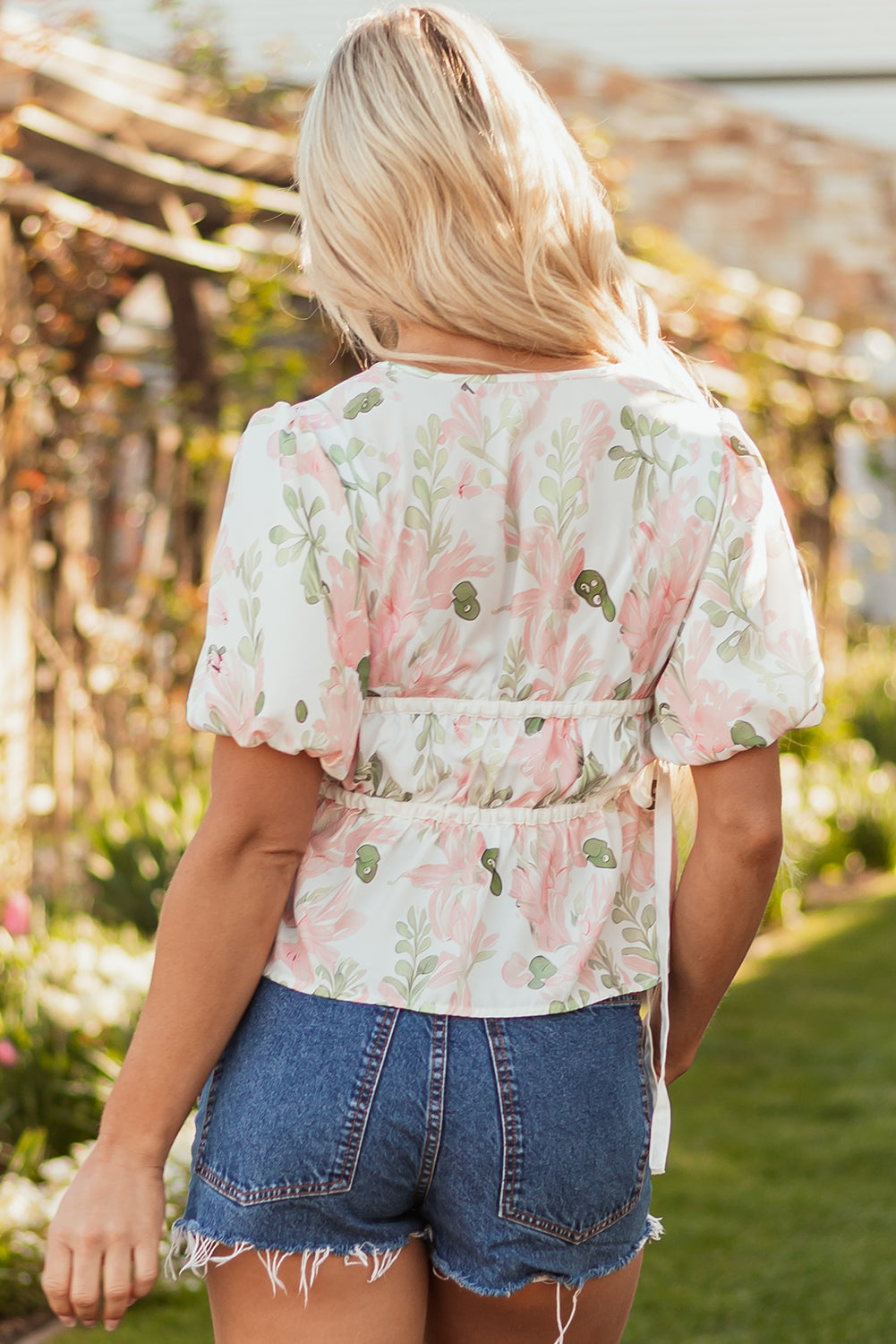 Floral V-Neck Puff Sleeve Tied Front Peplum Blouse