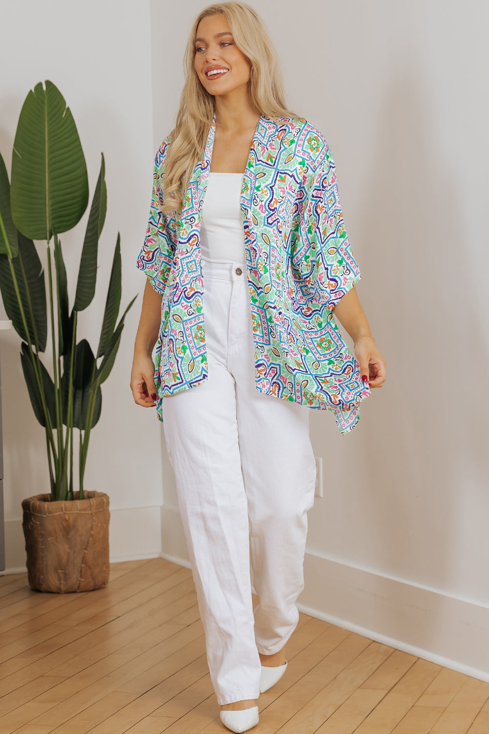 Boho Floral Printed Rhinestone Kimono