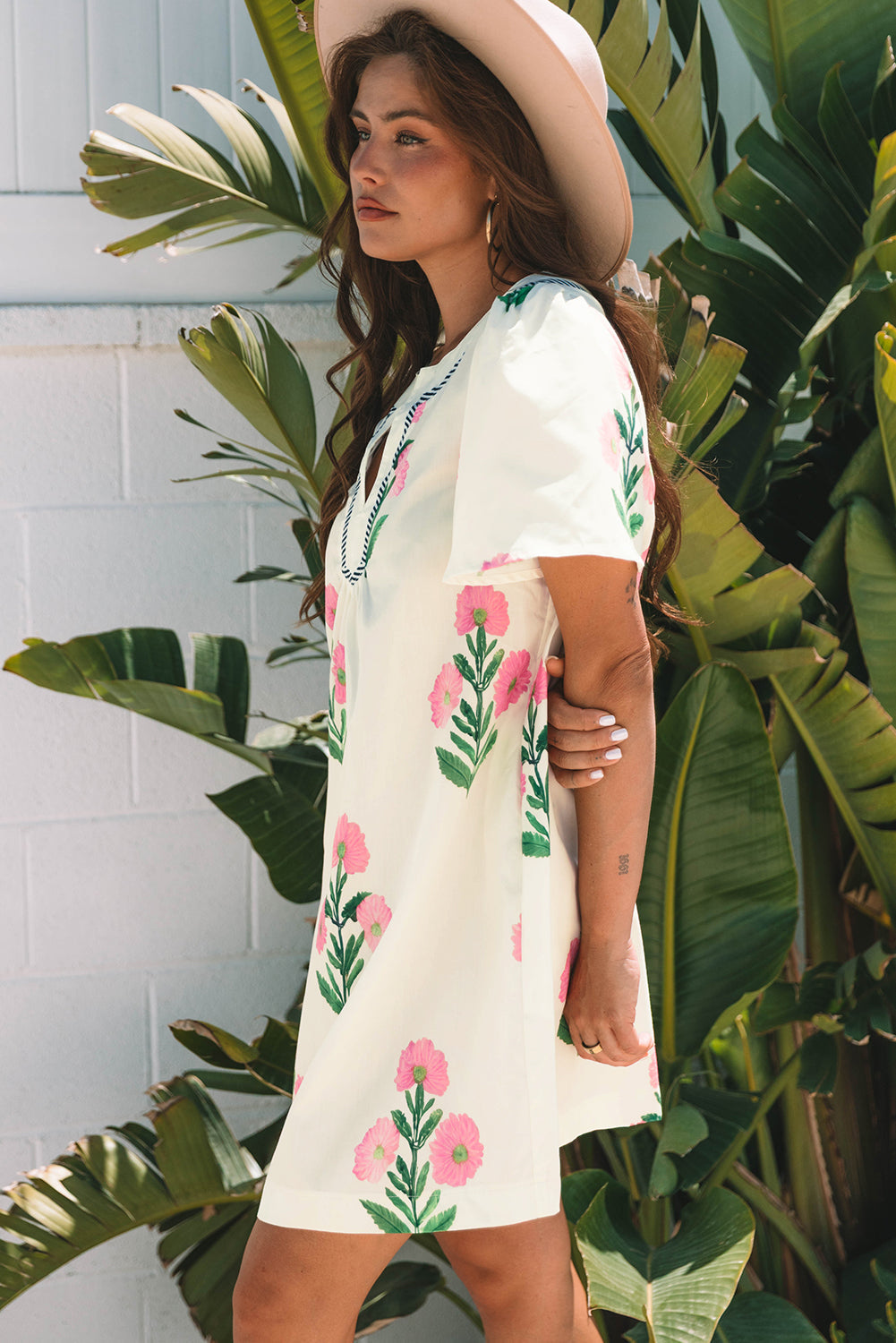 Floral Neck Short-Sleeved Split Loose Mini Dress