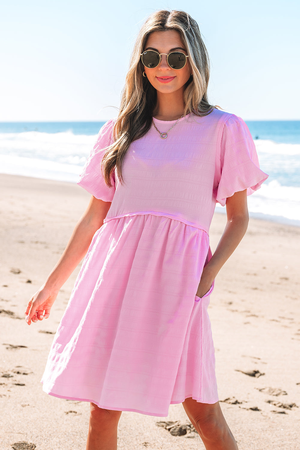 Pink Textured Bubble Sleeve High Waist Mini Dress