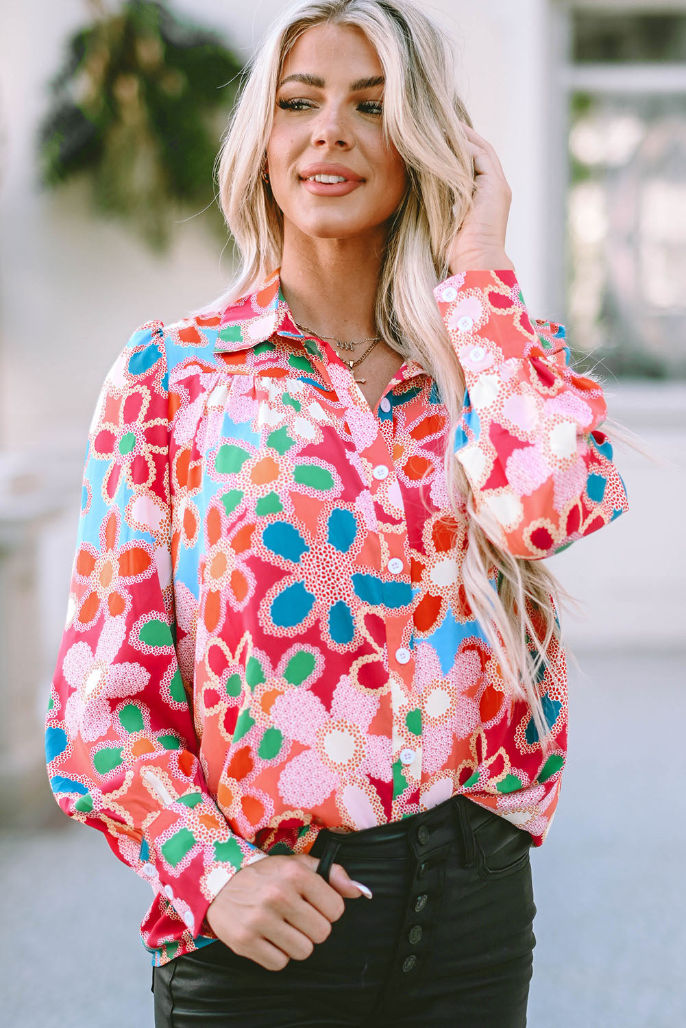 Women's Shirt with Floral-Print Print Bubble Sleeve