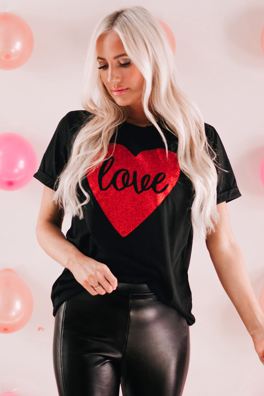 T Shirt for Women Print Love Heart Shaped Glitter