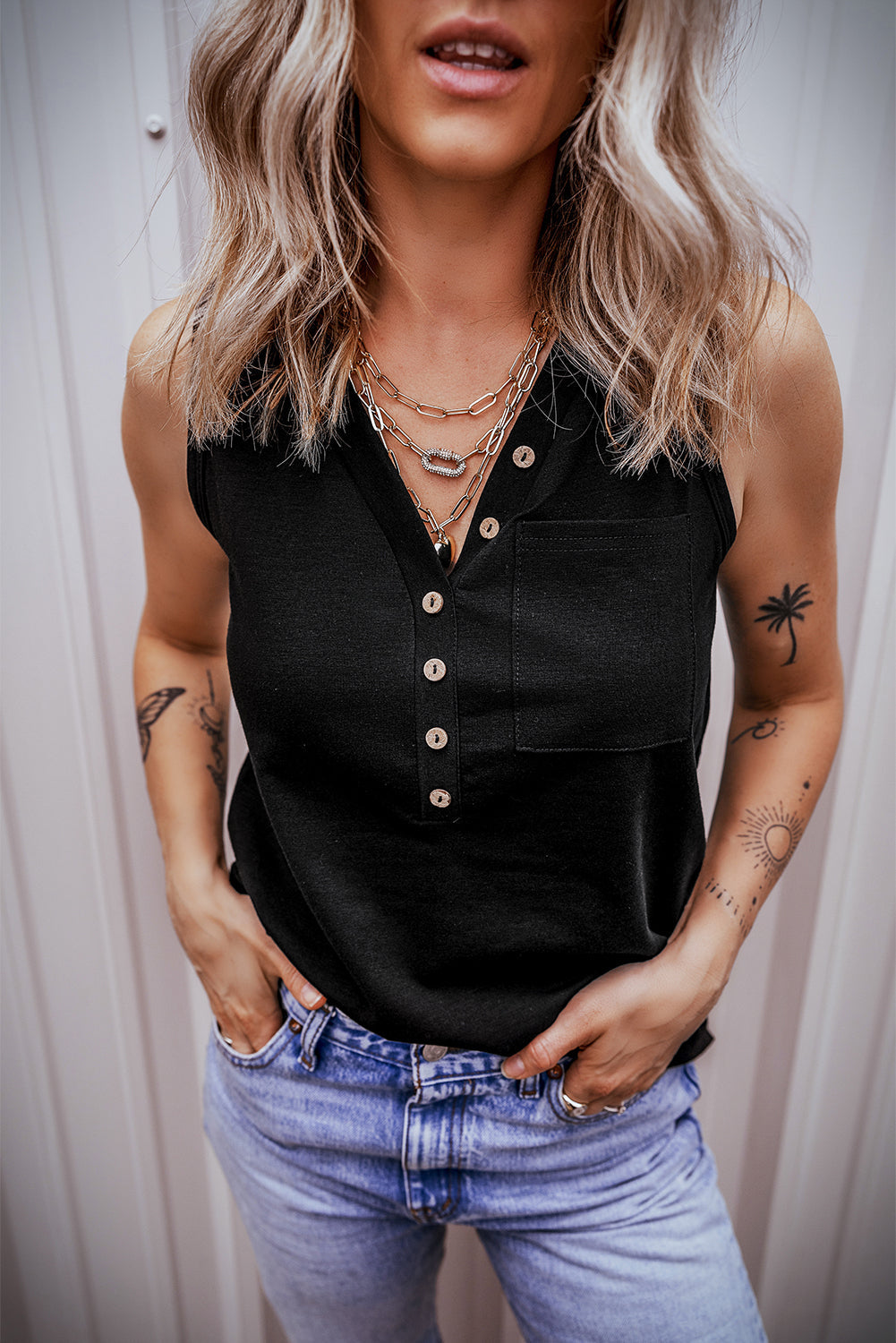 Women's Tank Top Featuring Patched Pocket Half Button