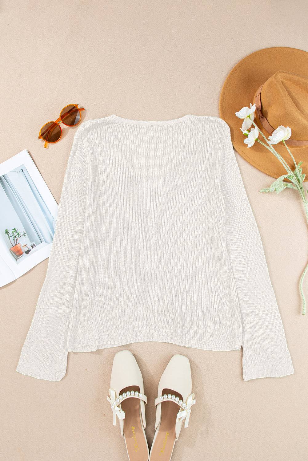 Button Lightweight V-Neck Front Bell Sleeve Cardigan Knit Top