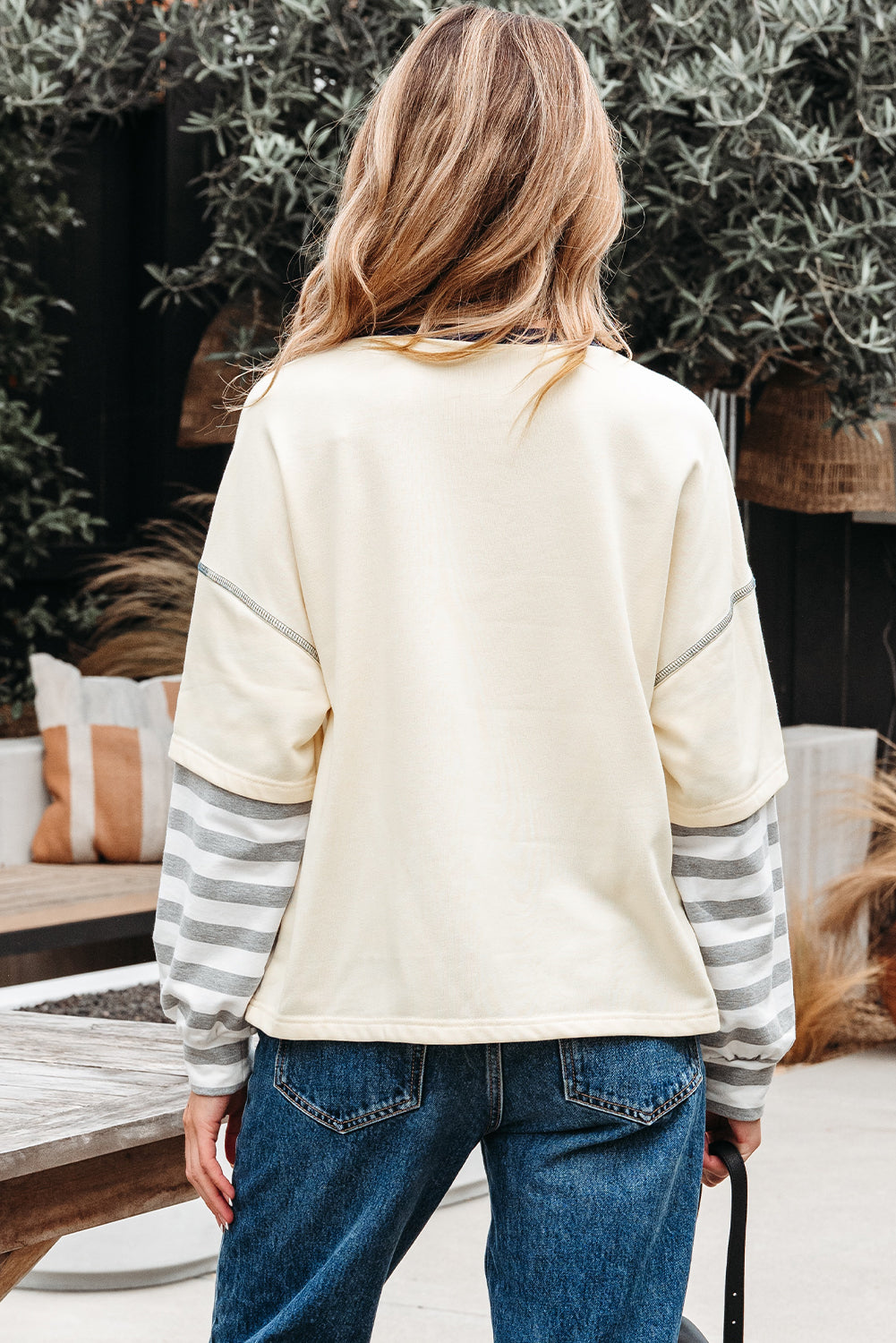 Long-Sleeved Striped Patchwork Round-Neck Two-in-one Top in Beige