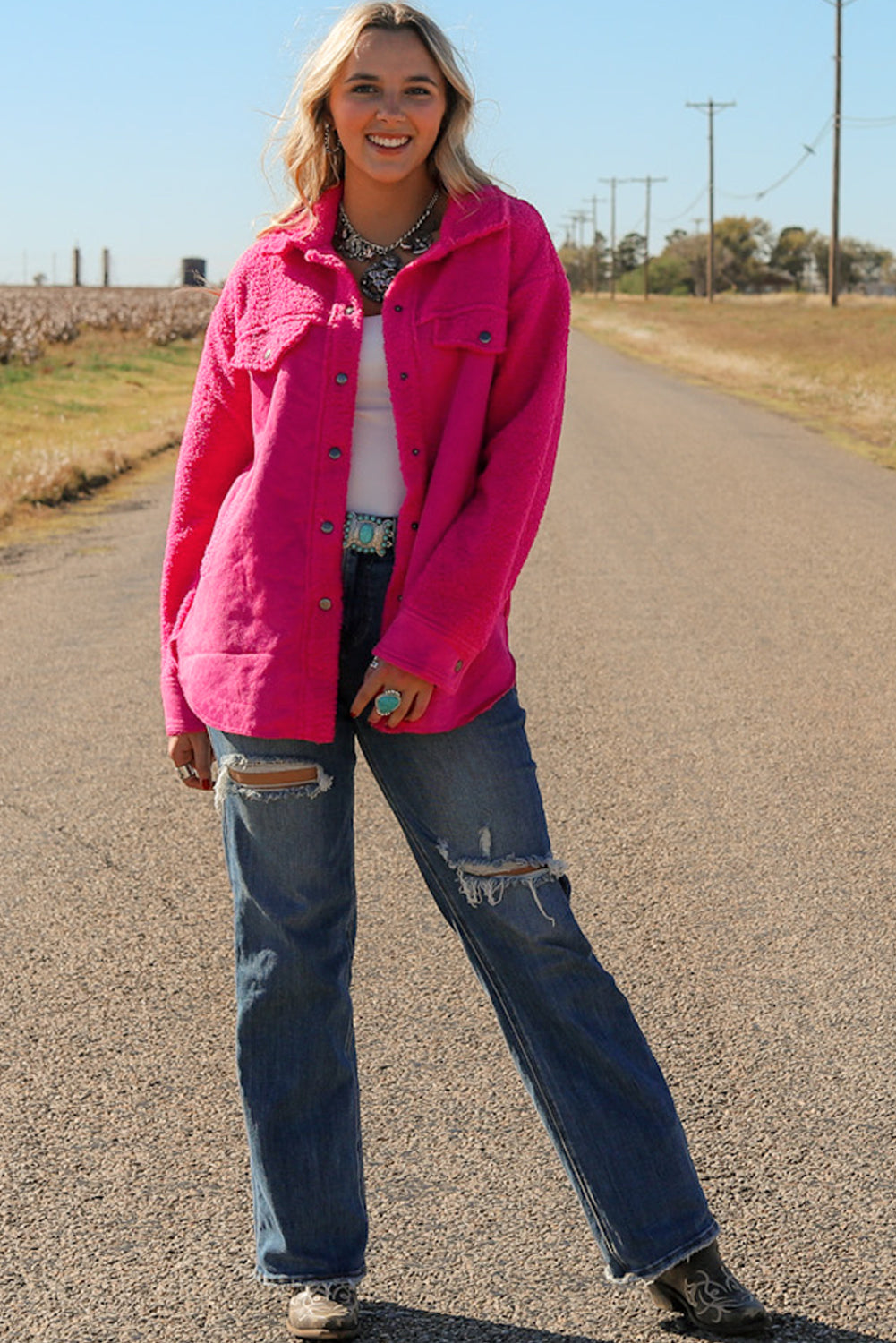 Women's Shacket Featuring Button Faux Suede