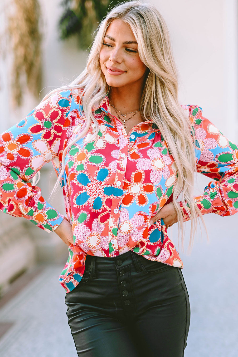 Women's Shirt with Floral-Print Print Bubble Sleeve