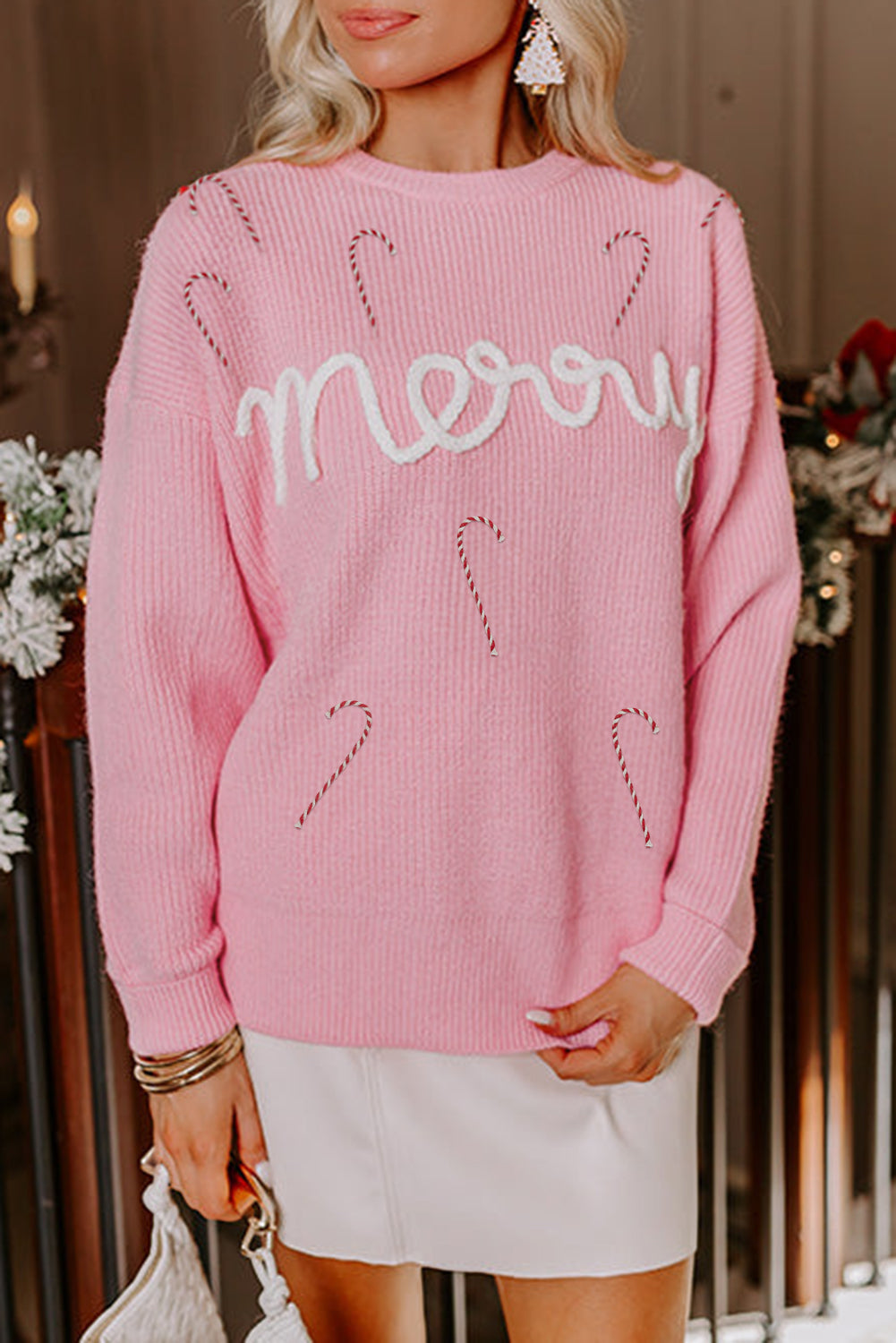 Cane Merry Candy Puffy Knit Crew-Neck Knit Top