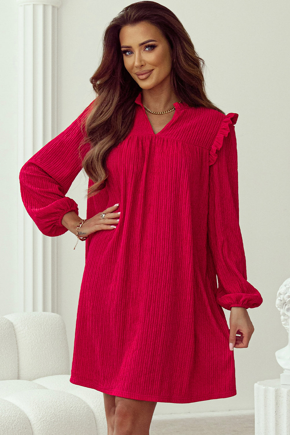 Mini Dress for Women Textured Ruffle-Trimmed Trim